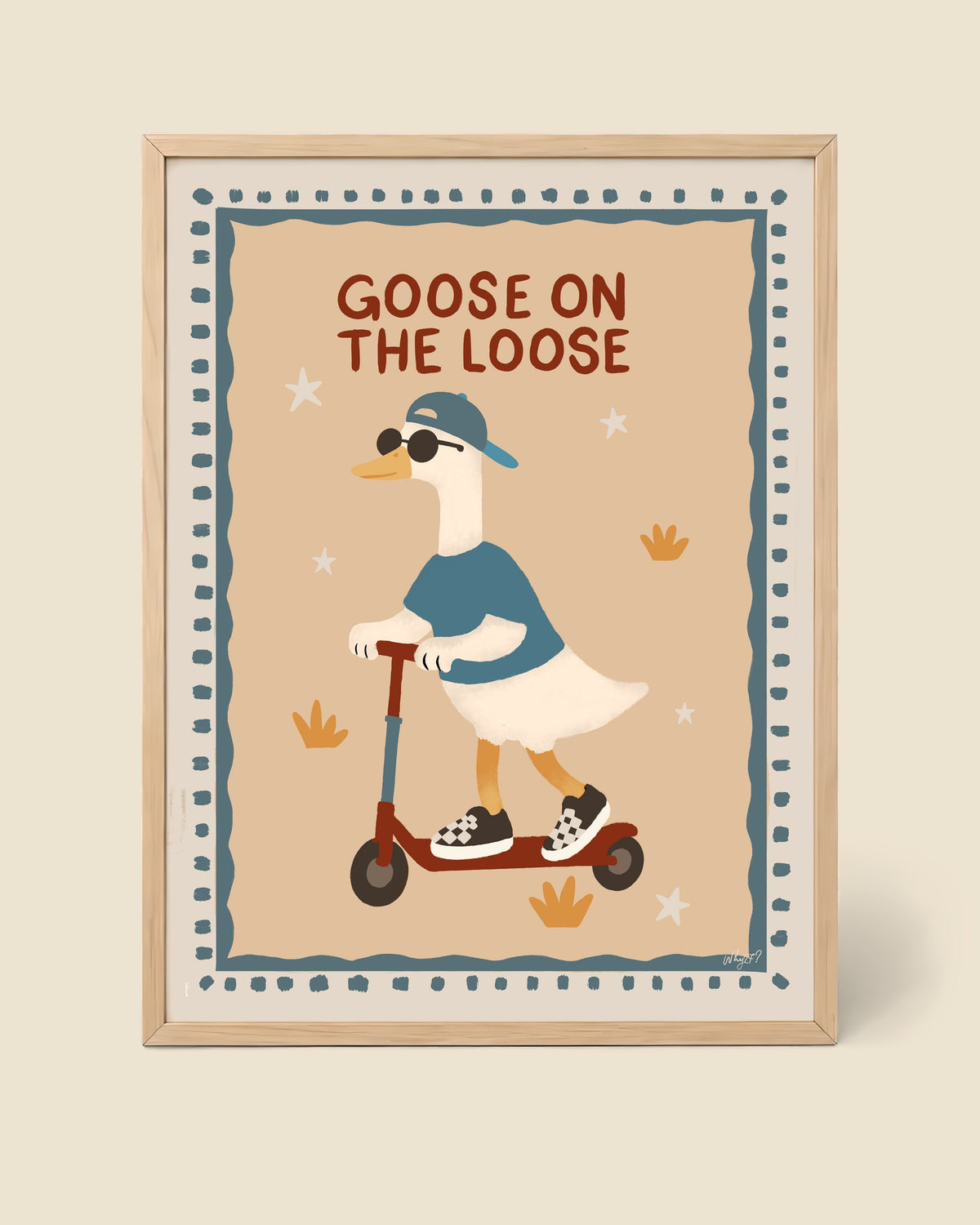 Goose on the Loose Poster framed in a natural wood frame