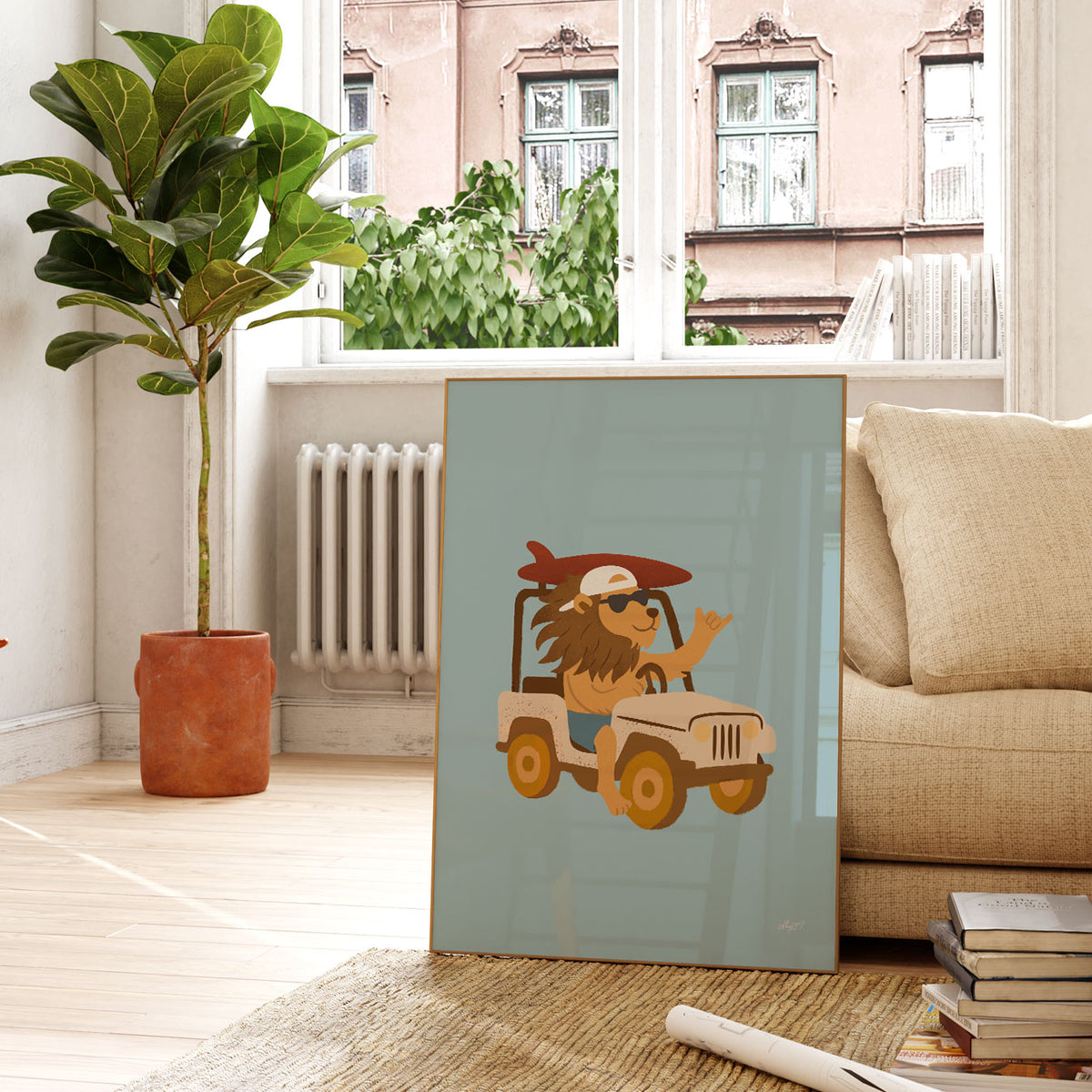Safari Jeep Lion Poster