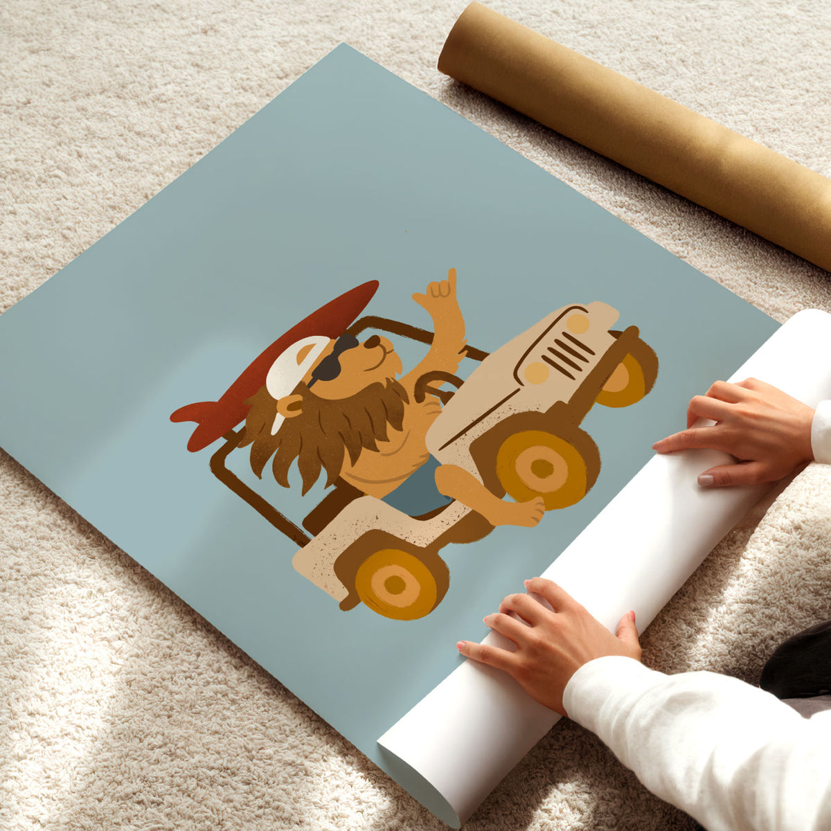 Safari Jeep Lion Poster