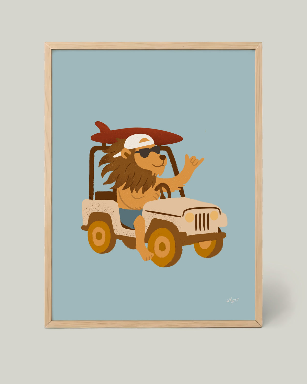 Safari Jeep Lion Poster framed in a natural wood frame