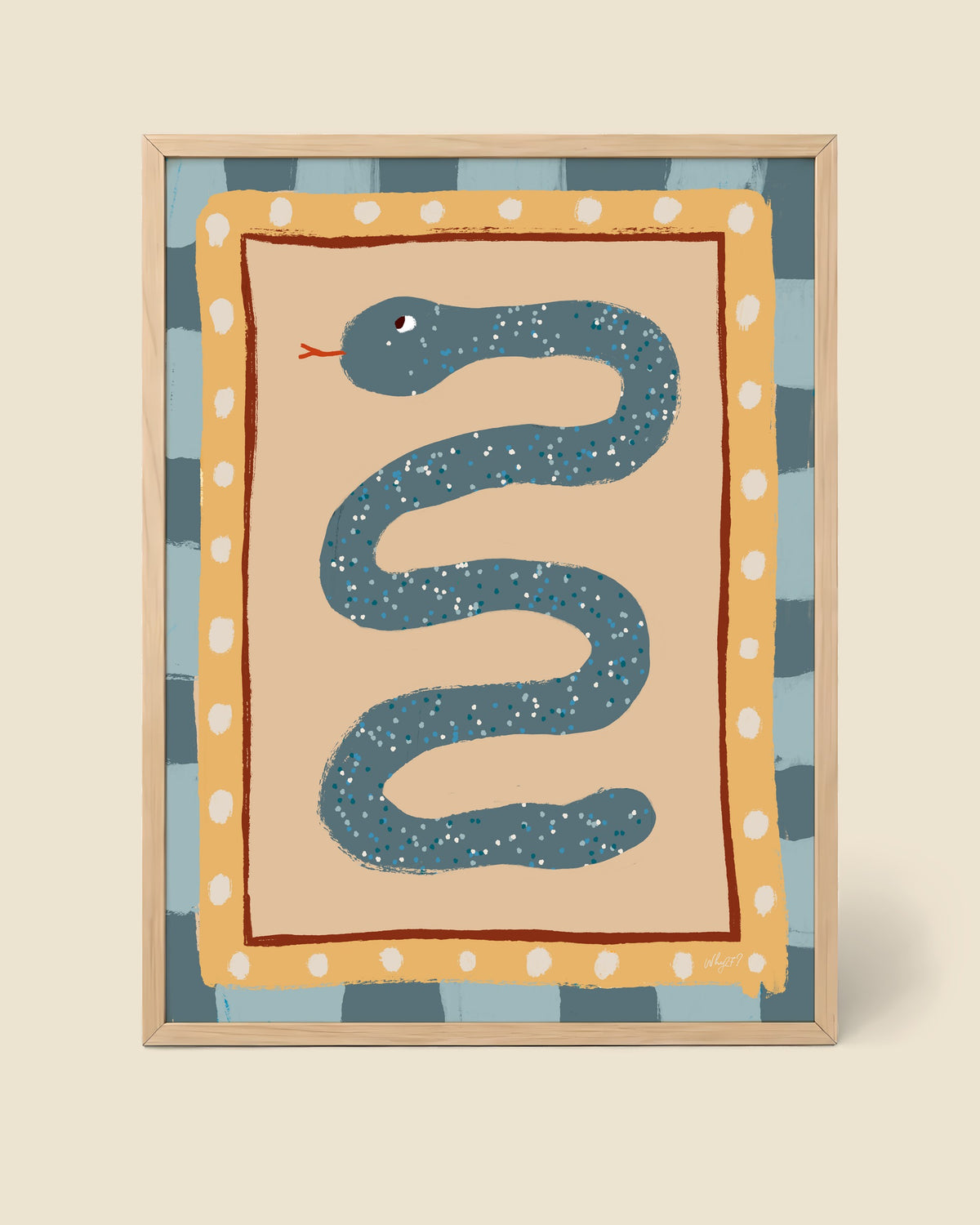 Wandering Snake Poster framed in a natural wood frame