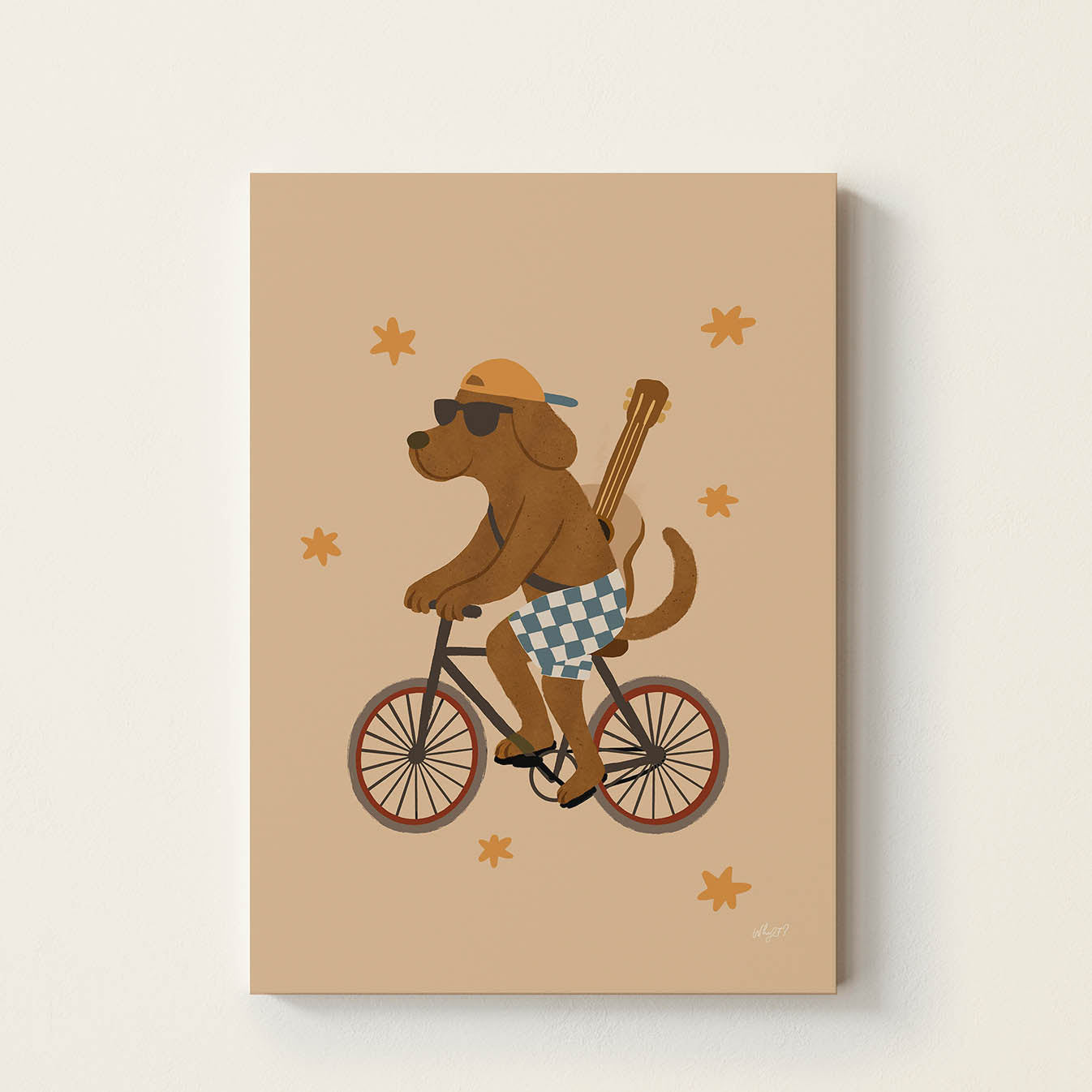 Hand-drawn dog wearing sunglasses and a cap while riding a vintage bicycle with a guitar on its back, whimsical retro kids wall art for nurseries, bedrooms, playrooms, and music rooms.