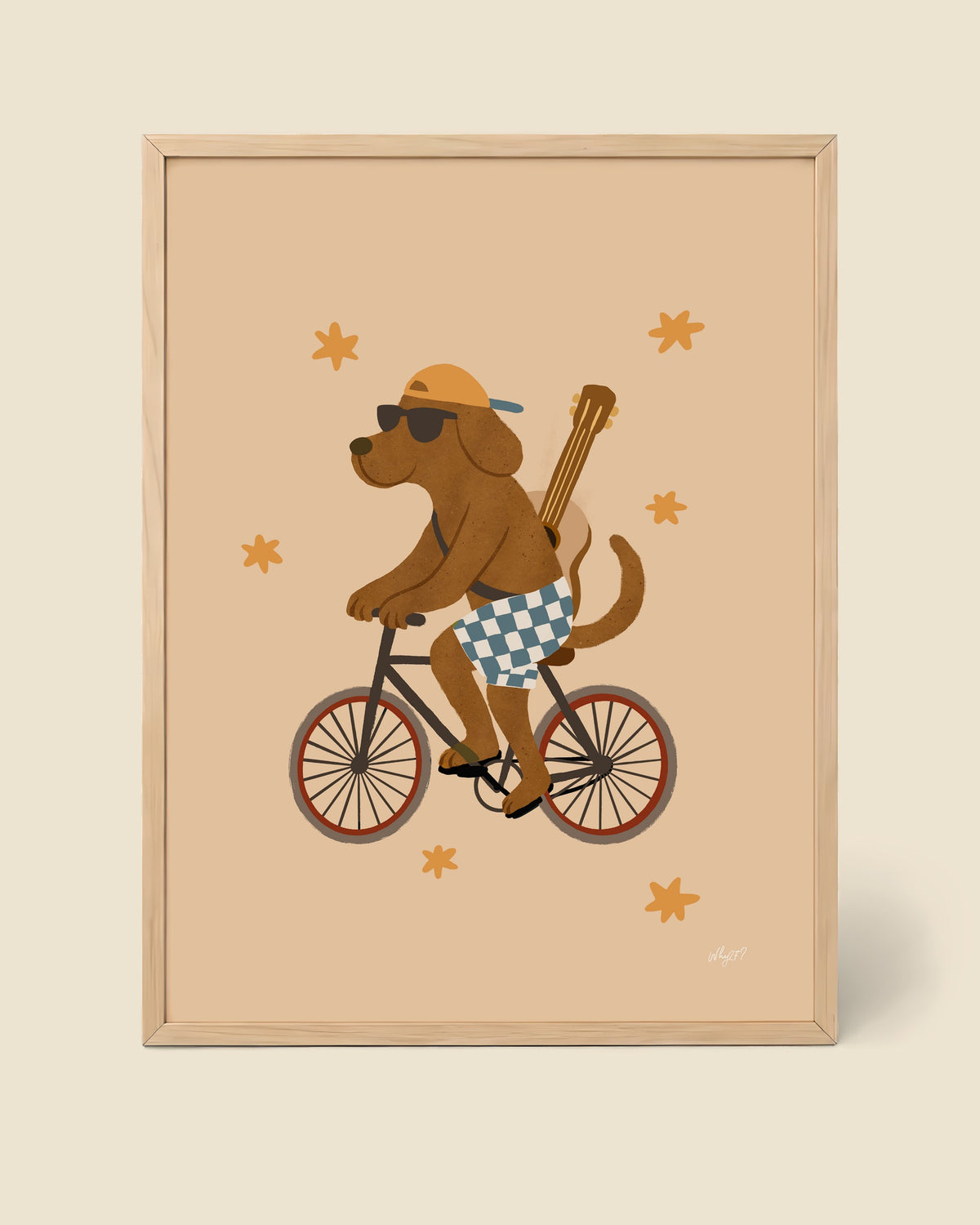 Adventure Bike Dog Poster framed in a natural wood frame
