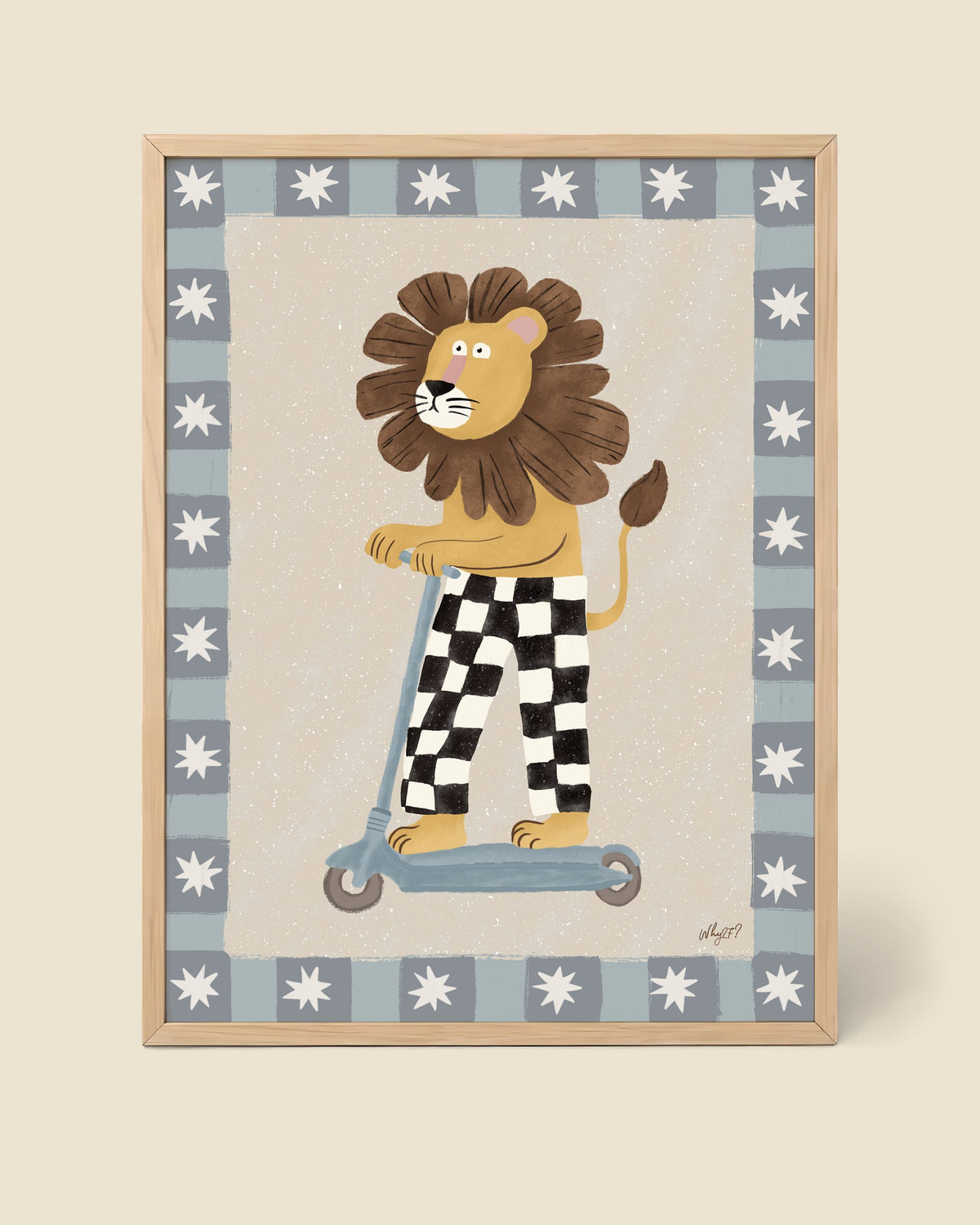 Skater Lion Poster framed in a natural wood frame