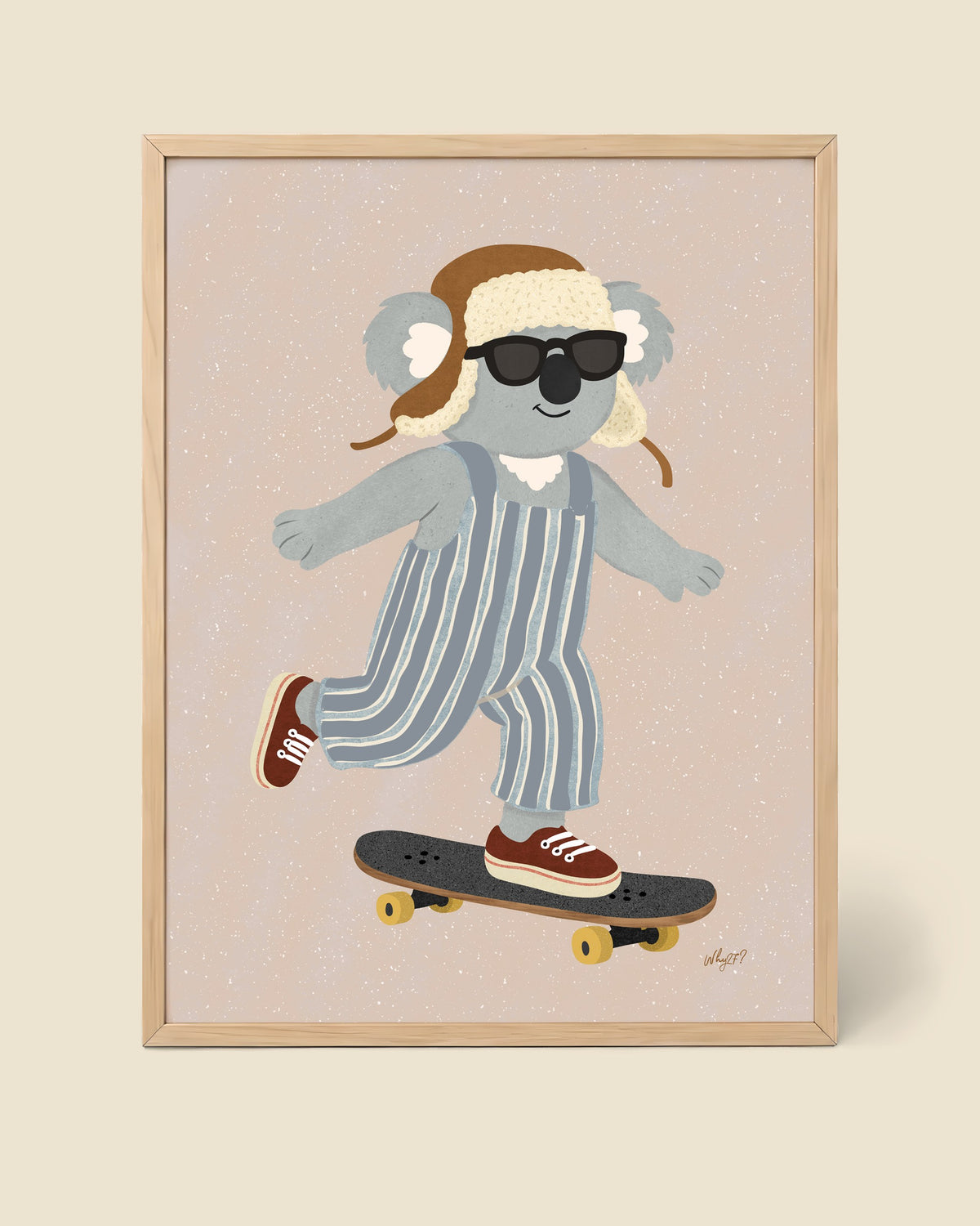 Skater Koala Poster framed in a natural wood frame