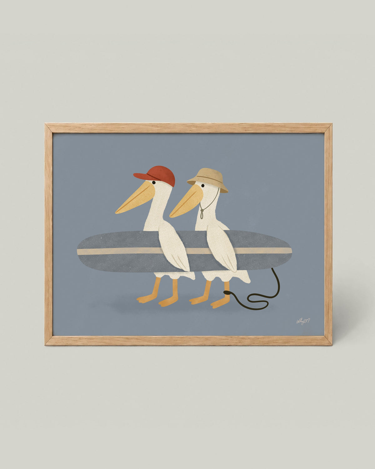 Two Pelicans Surf Poster framed in a natural wood frame