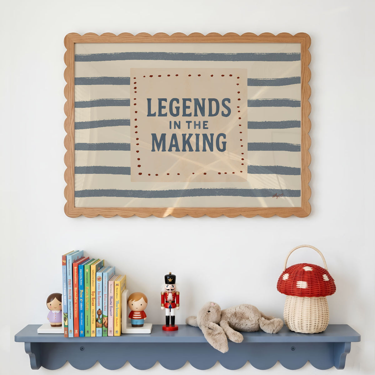 Landscape poster with the hand lettered words legends in the making over painted stripes
