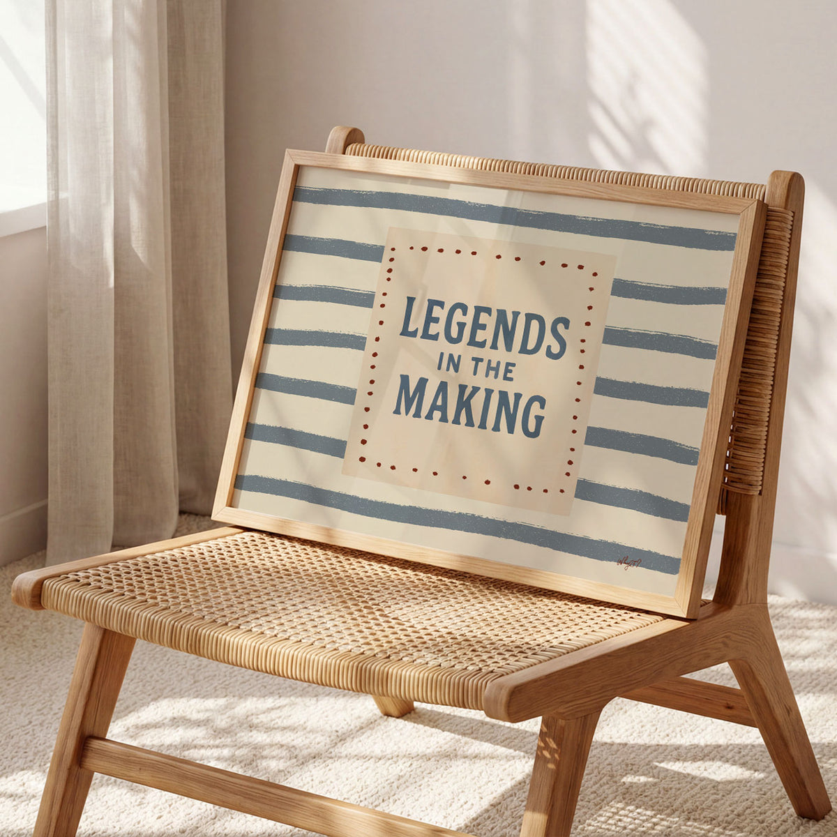 Landscape poster with the hand lettered words legends in the making over painted stripes