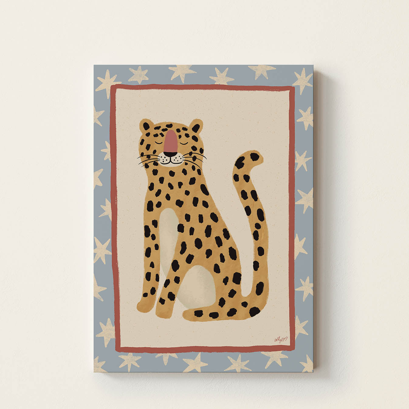 Hand-drawn peaceful leopard with a vintage-inspired decorative border, retro kids wall art for nurseries, children's bedrooms, playrooms, and reading corners.