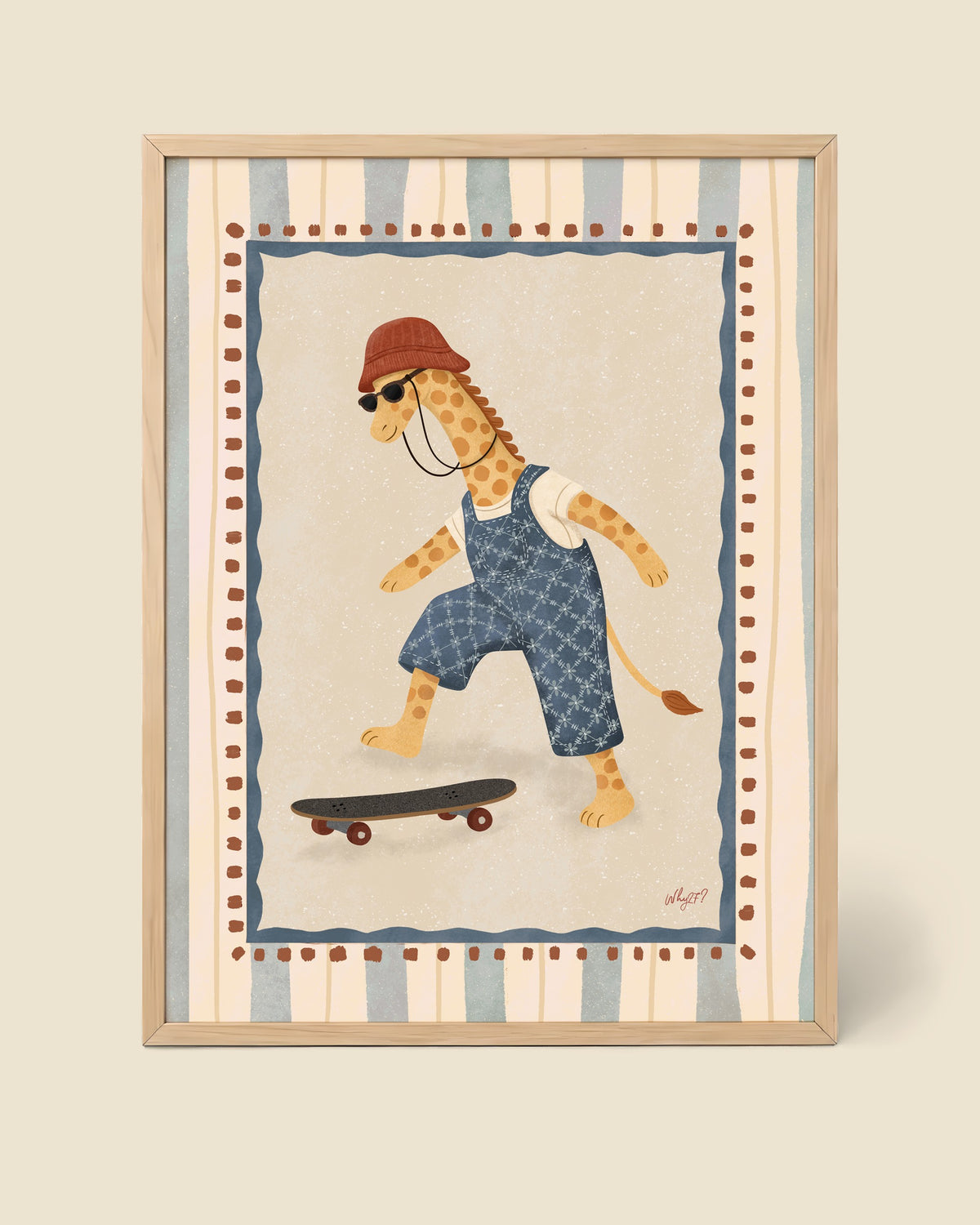 Skater Giraffe Poster framed in a natural wood frame