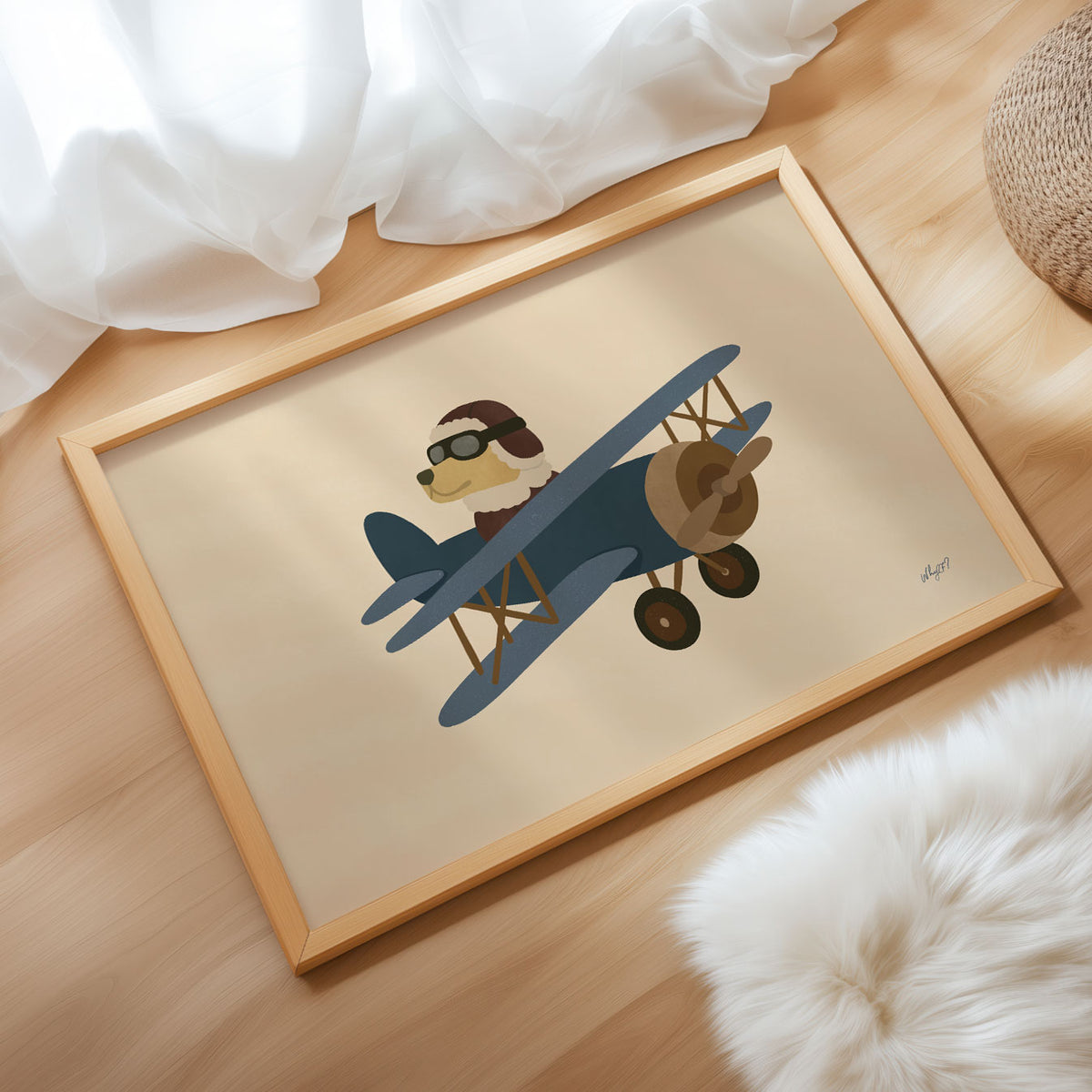 Landscape poster of a dog in flying cap and goggles piloting a blue biplane