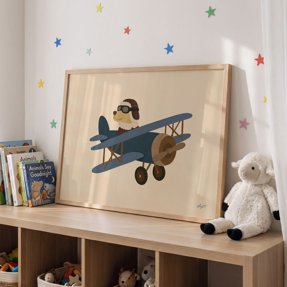 Landscape poster of a dog in flying cap and goggles piloting a blue biplane