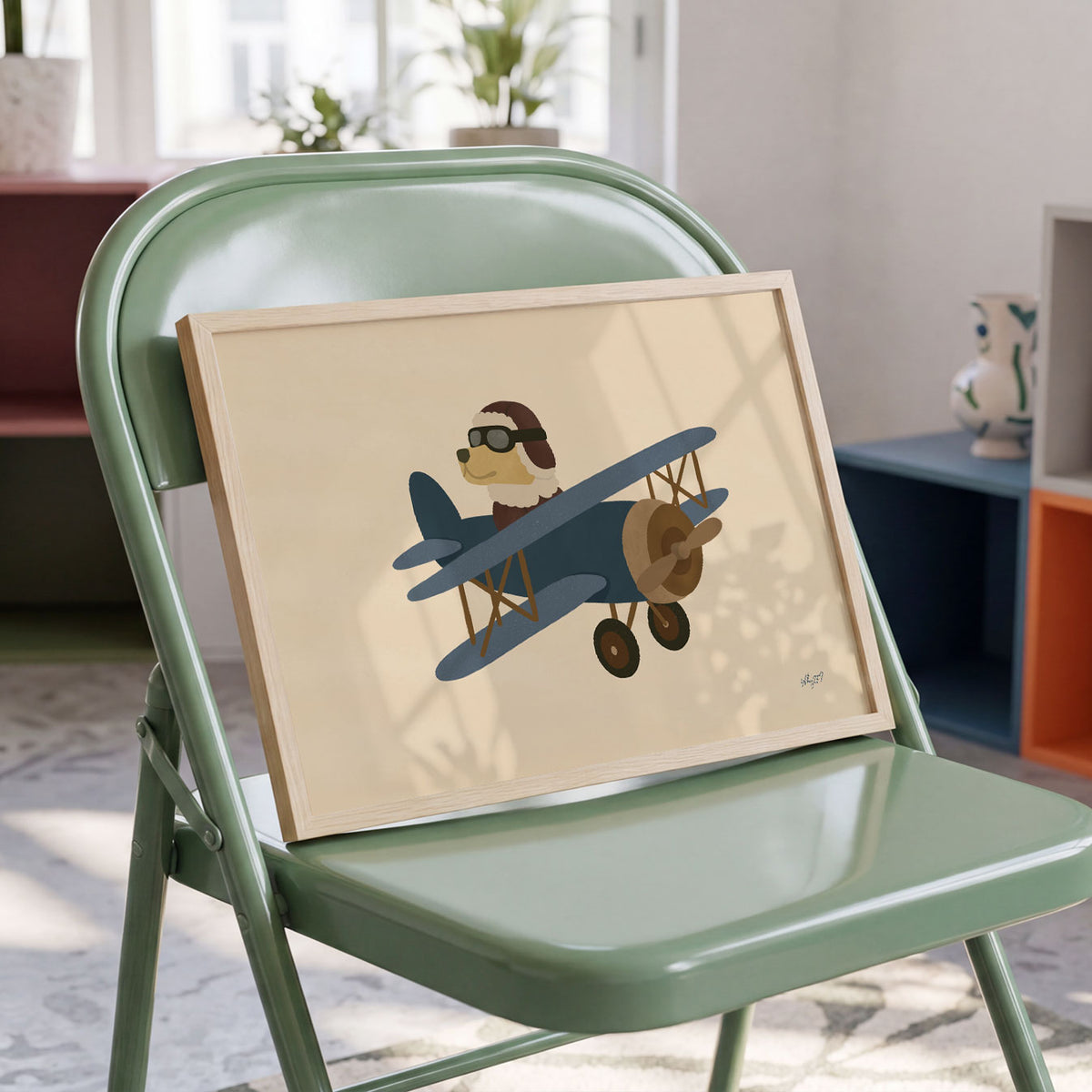 Landscape poster of a dog in flying cap and goggles piloting a blue biplane