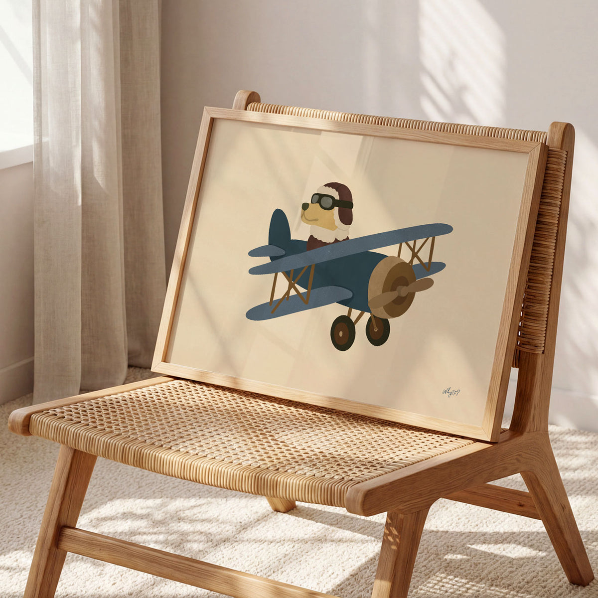 Landscape poster of a dog in flying cap and goggles piloting a blue biplane