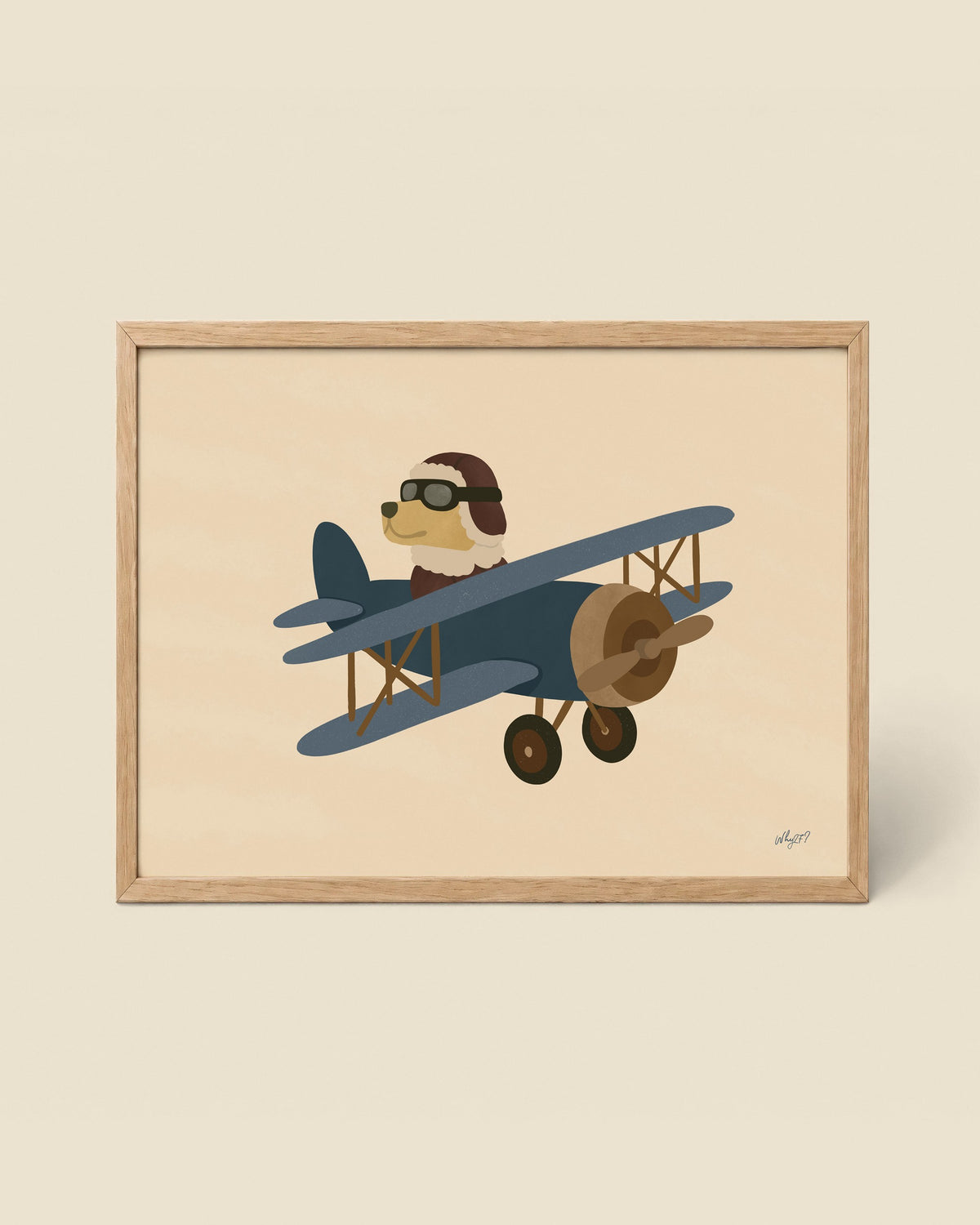 Dog Biplane Poster framed in a natural wood frame