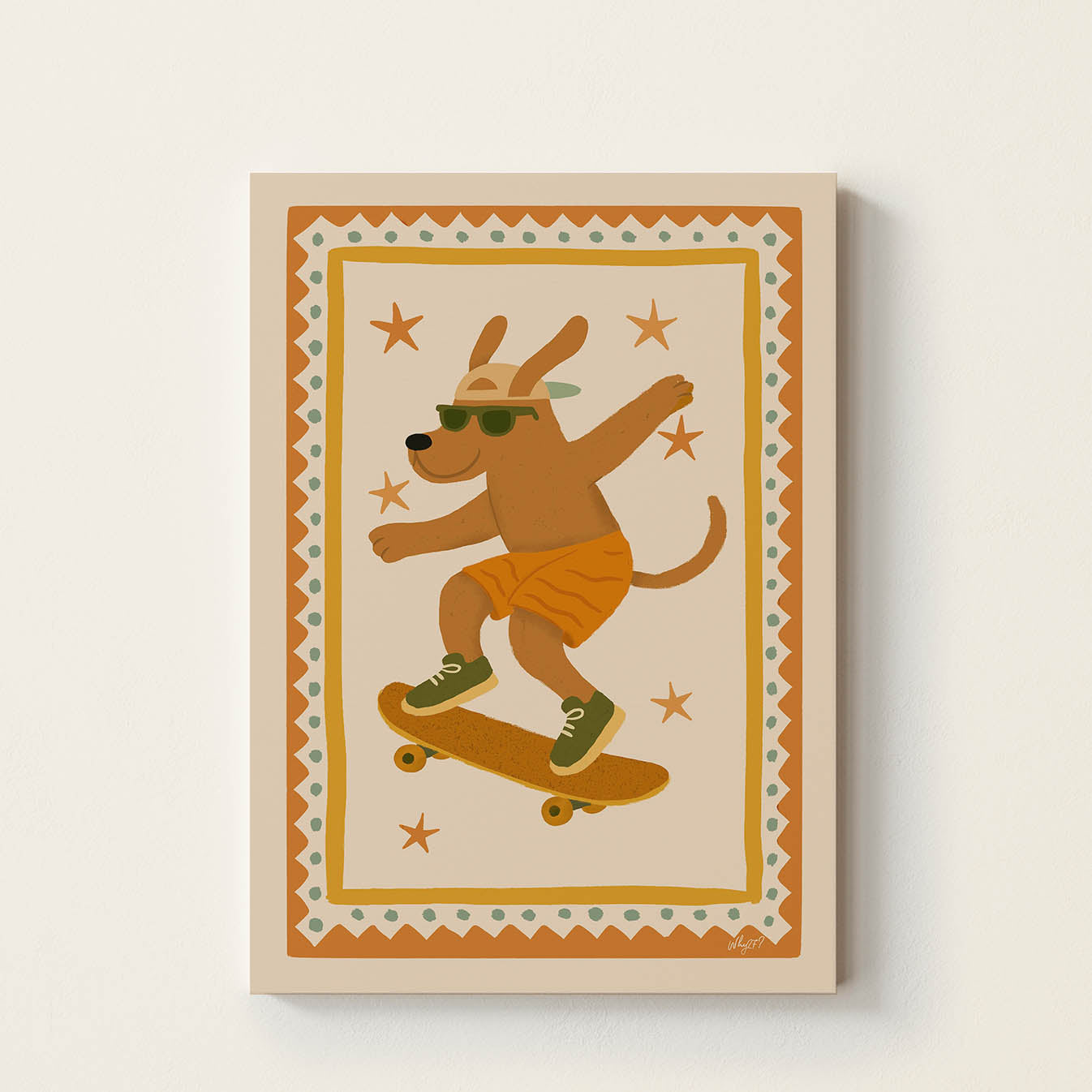 Hand-drawn dog wearing sunglasses and a backwards cap performing a skateboard jump inside a vintage decorative frame, retro-inspired skateboard wall art for nurseries, bedrooms, and playrooms.