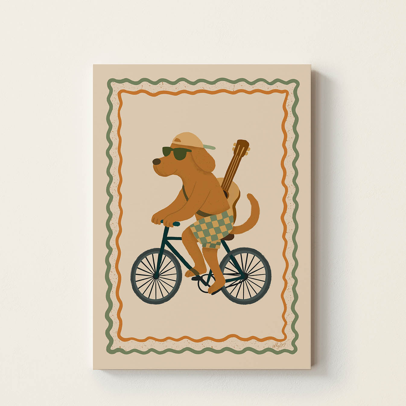 Hand-drawn dog wearing sunglasses and a cap while riding a vintage bicycle with a guitar on its back, framed with a retro decorative border, whimsical wall art for nurseries, bedrooms, playrooms, and music rooms.