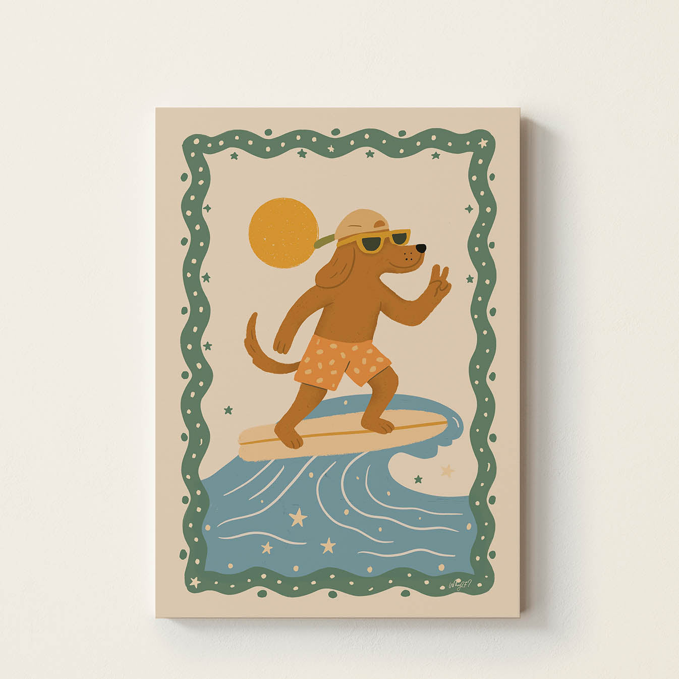 Hand-drawn dachshund wearing sunglasses while surfing on a wave and making a peace sign, framed with a vintage decorative border, coastal-inspired wall art for nurseries, bedrooms, and playrooms.
