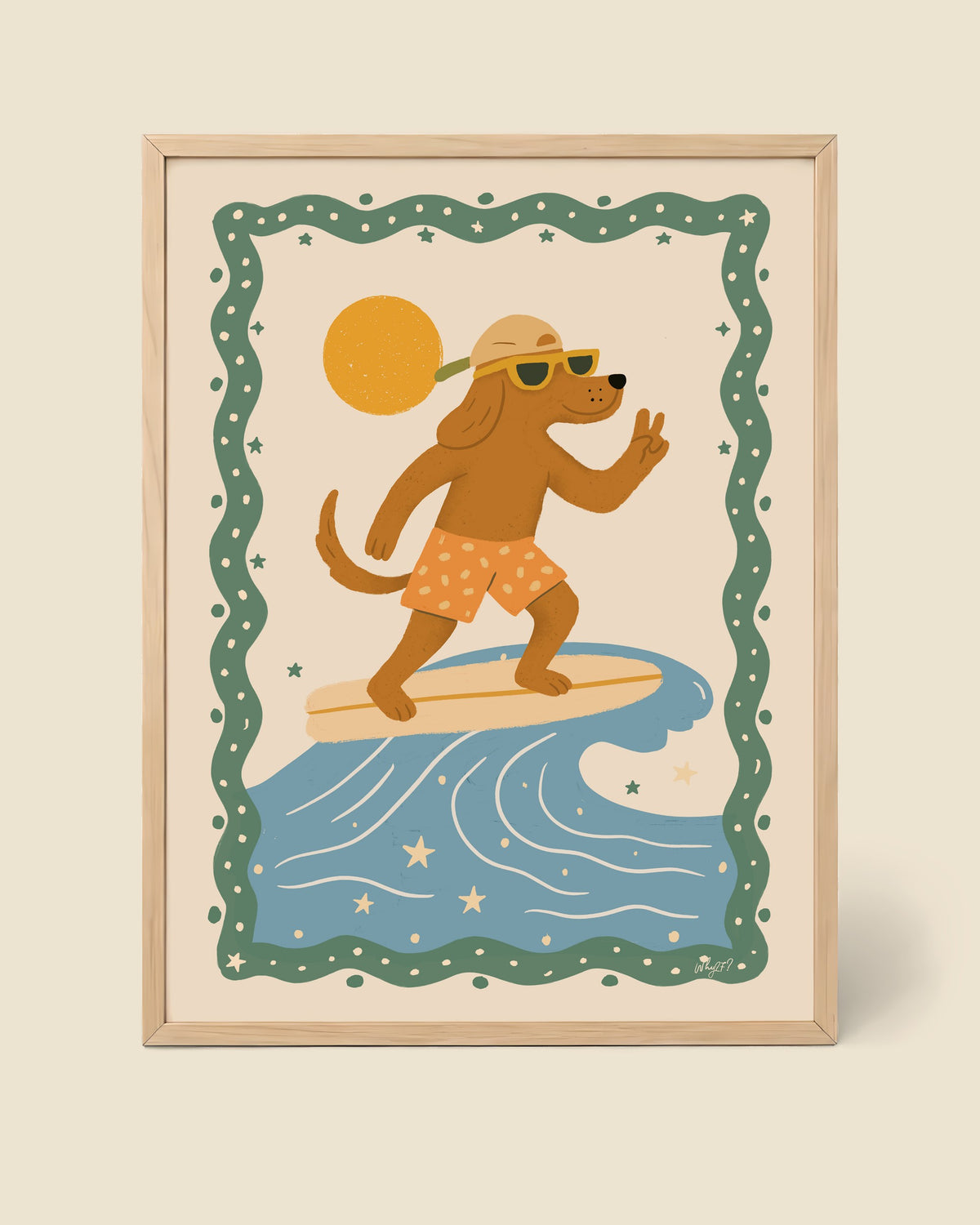 Catch the Waves Poster framed in a natural wood frame