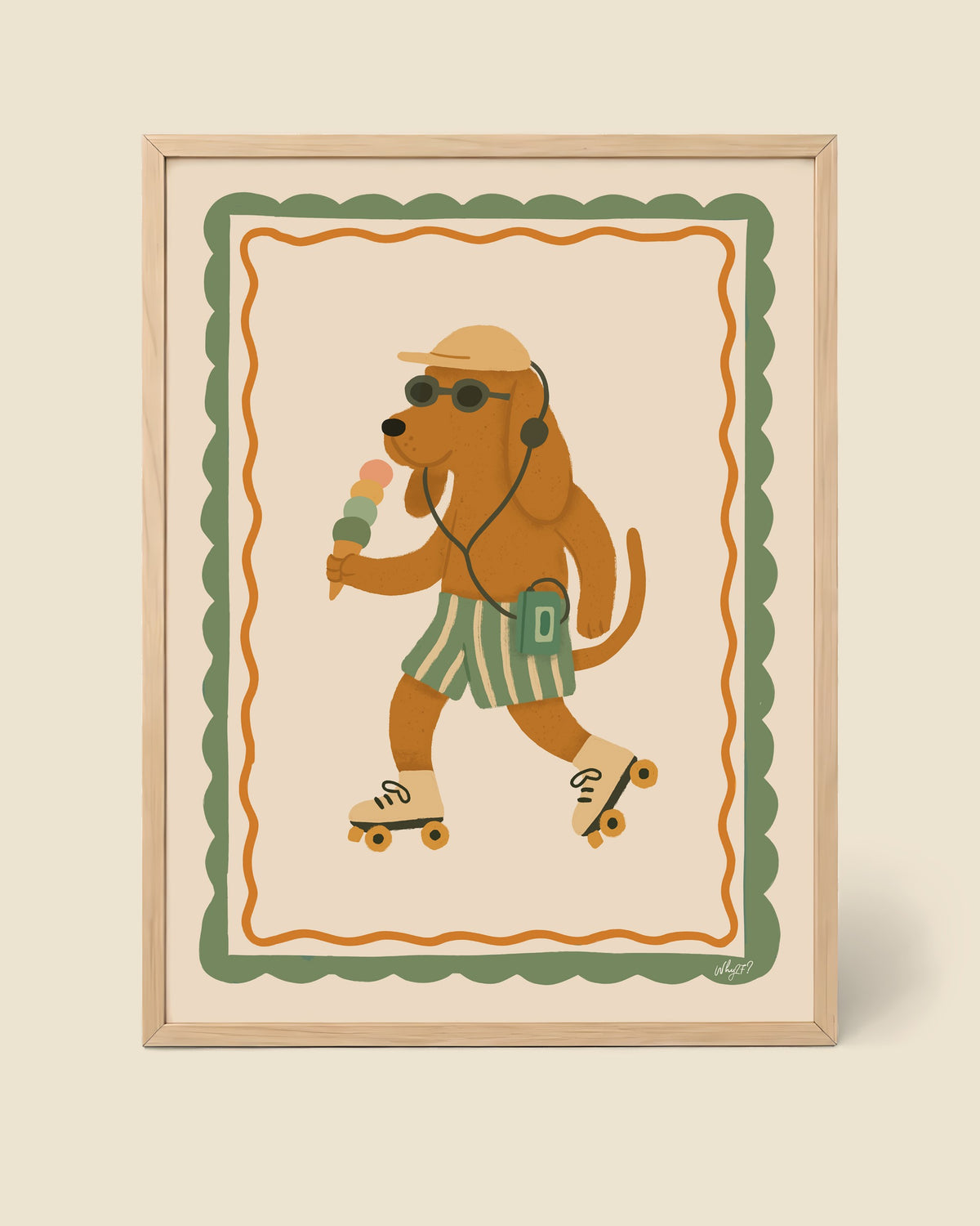 Summer Vibes Dog Poster framed in a natural wood frame
