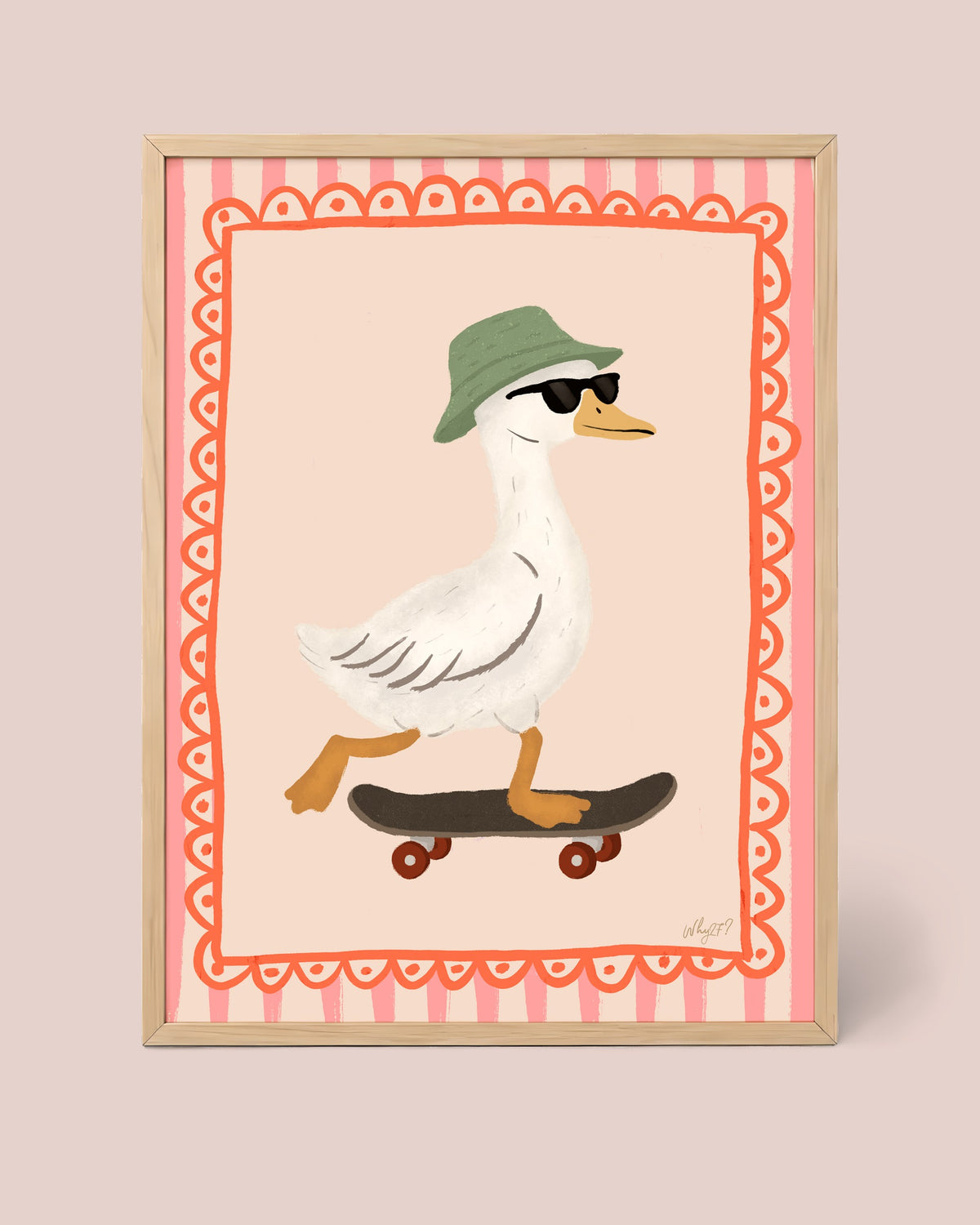 Goose Skateboarding Poster framed in a natural wood frame