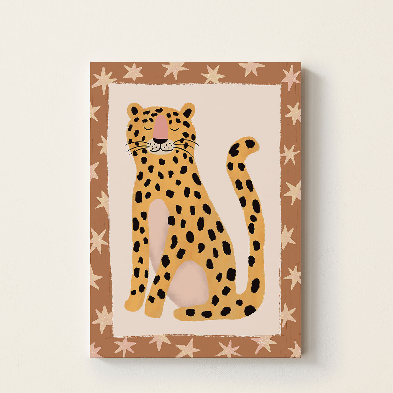 Leopard poster featuring a hand-drawn spotted leopard illustration on a soft neutral background with decorative star border.