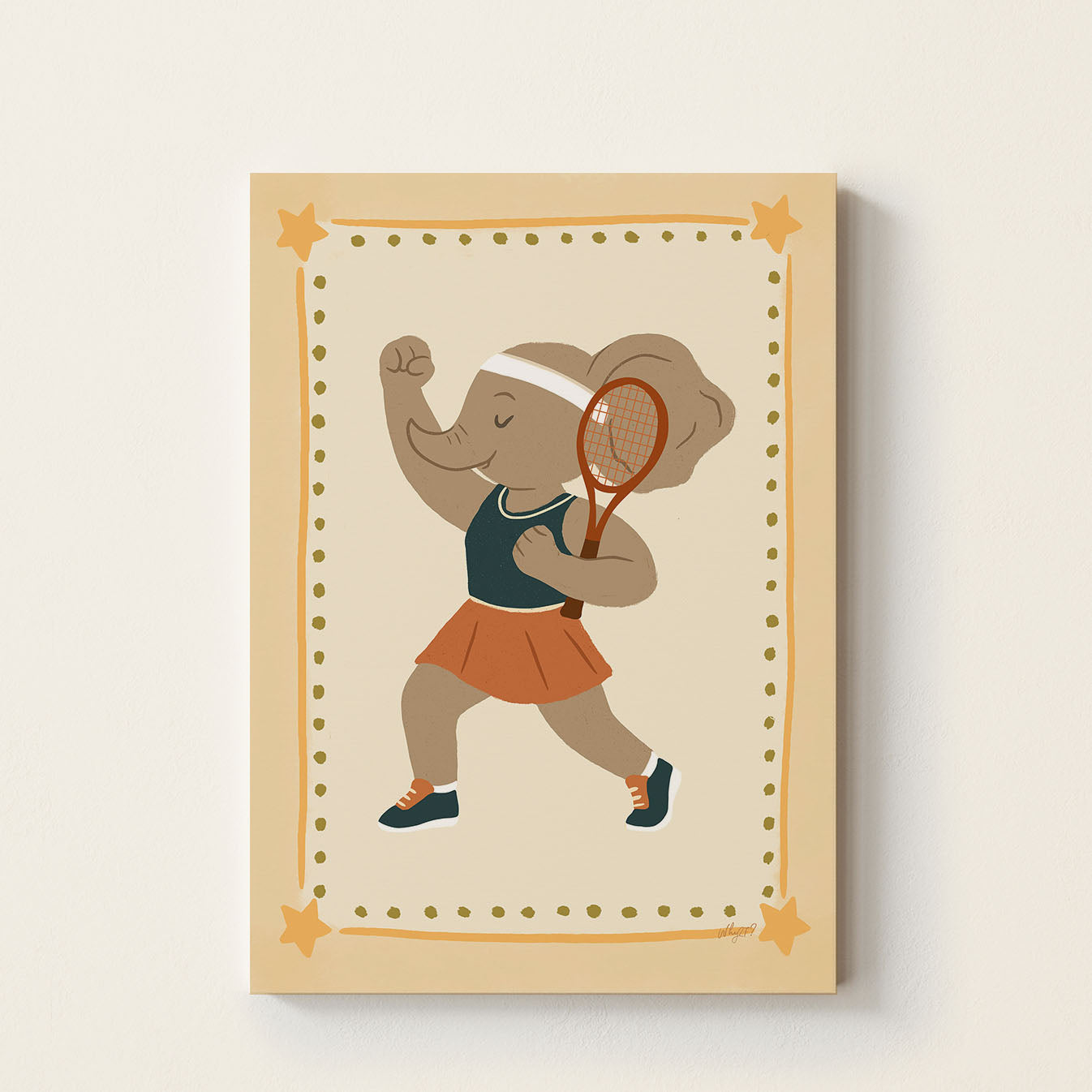 Tennis elephant poster featuring a playful elephant holding a tennis racket and wearing a sports outfit on a warm neutral background.