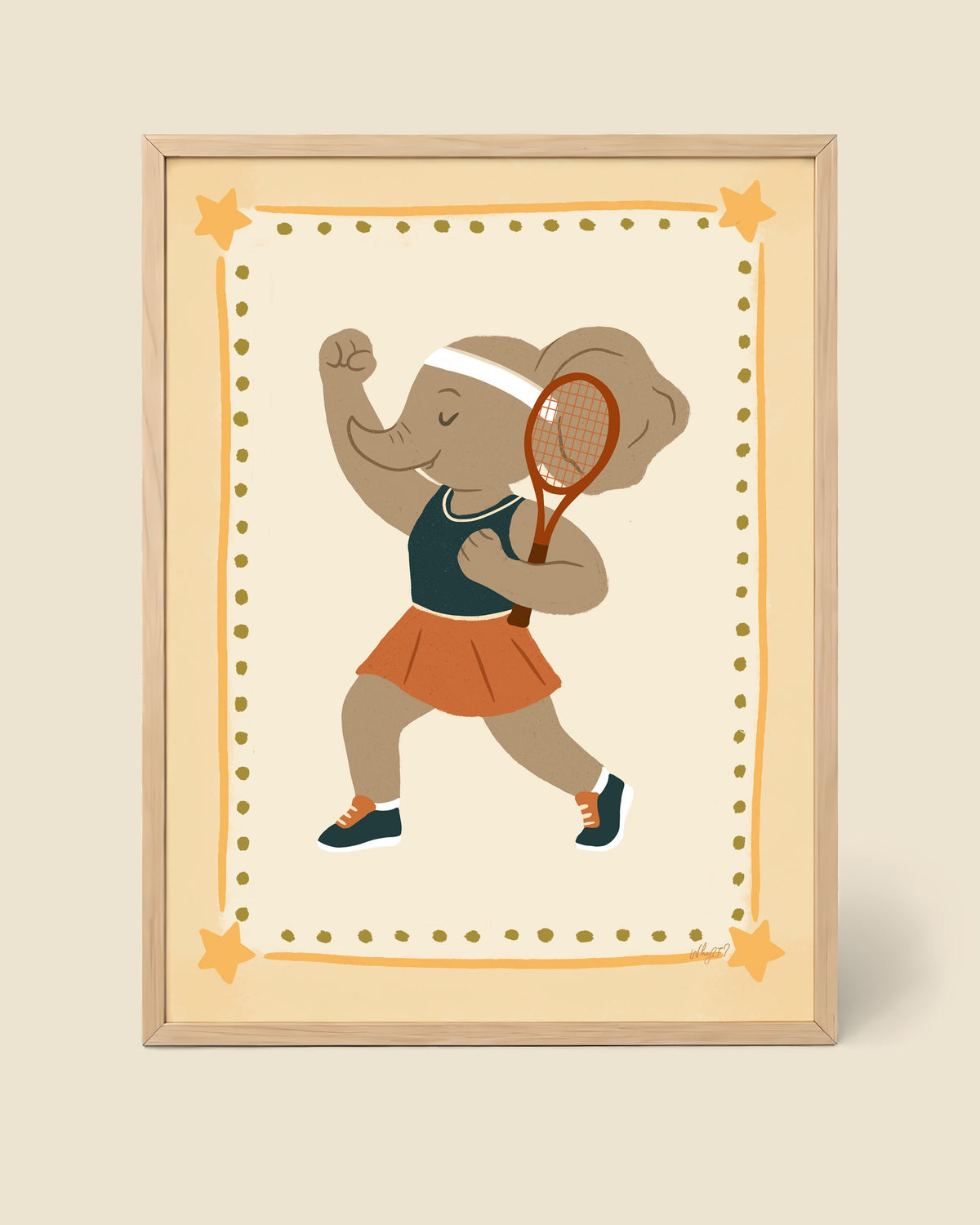 Tennis Champion Elephant Poster framed in a natural wood frame