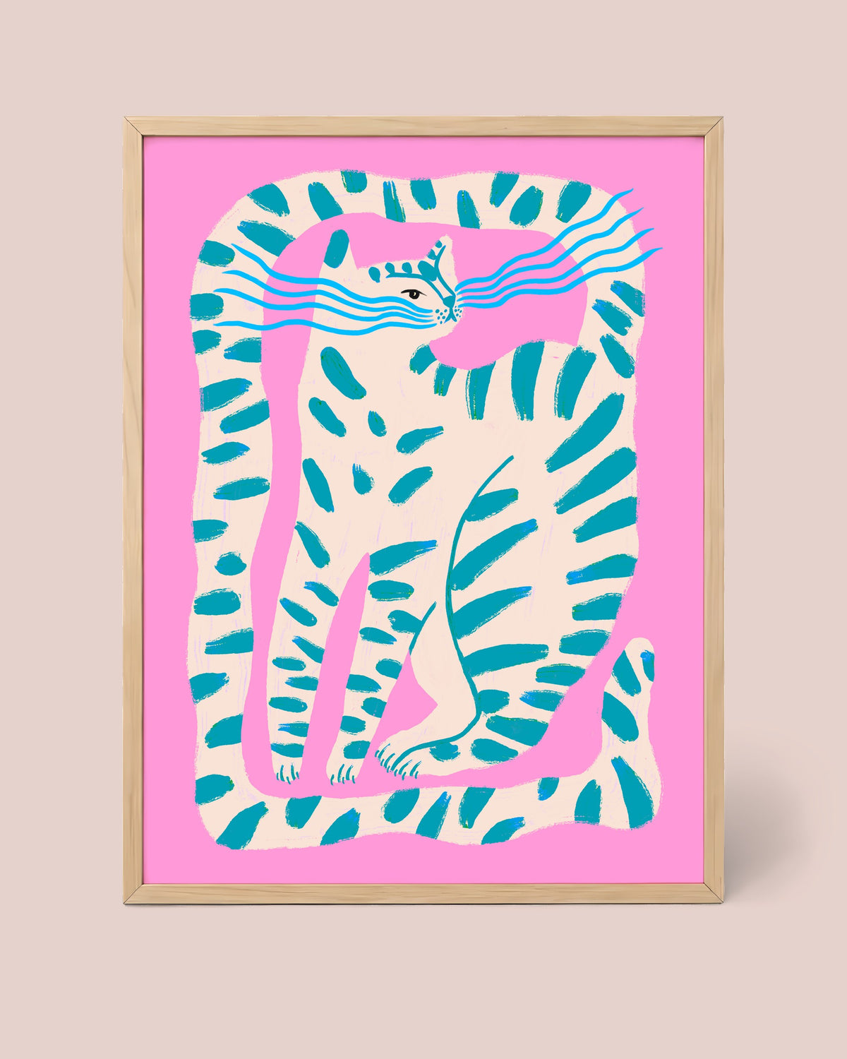 Long Tail Cat Poster framed in a natural wood frame