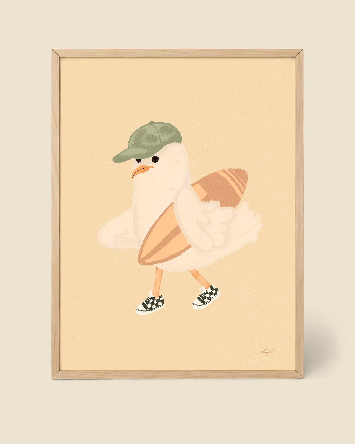 Seagull Surf Day Poster framed in a natural wood frame