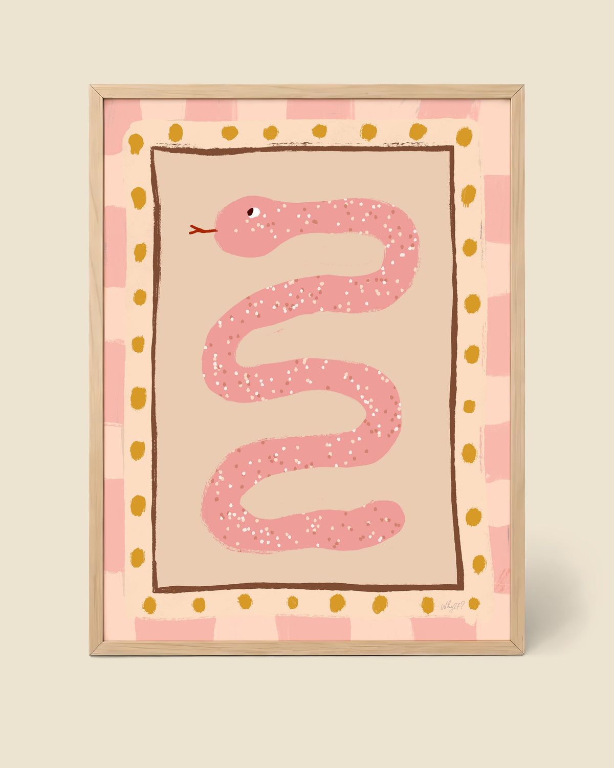 Pink Snake Poster framed in a natural wood frame