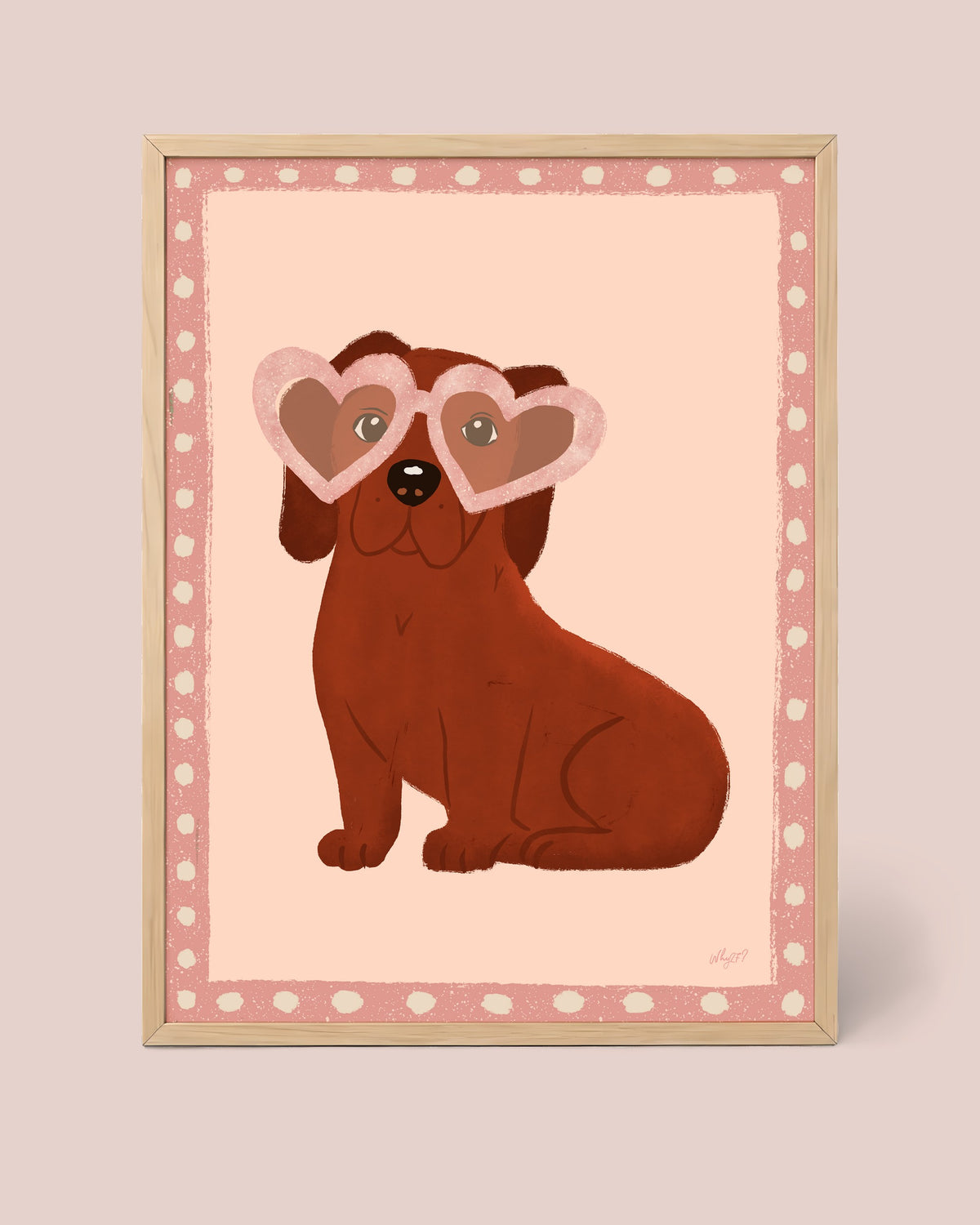 Heart Glasses Puppy Poster framed in a natural wood frame