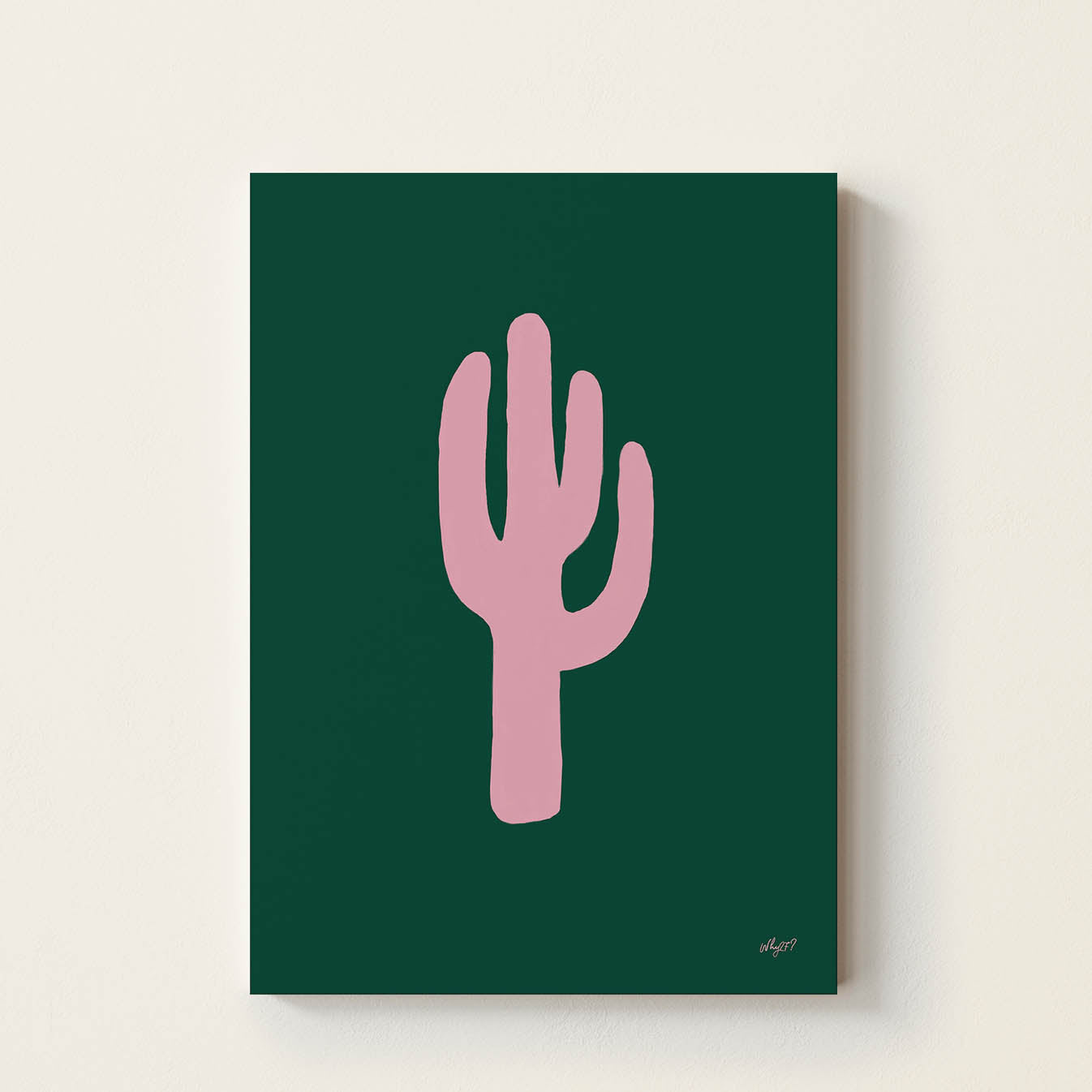 Minimalist hand-drawn pink cactus on a dark green background, retro-inspired desert wall art for nurseries, children's bedrooms, playrooms, and modern family homes.