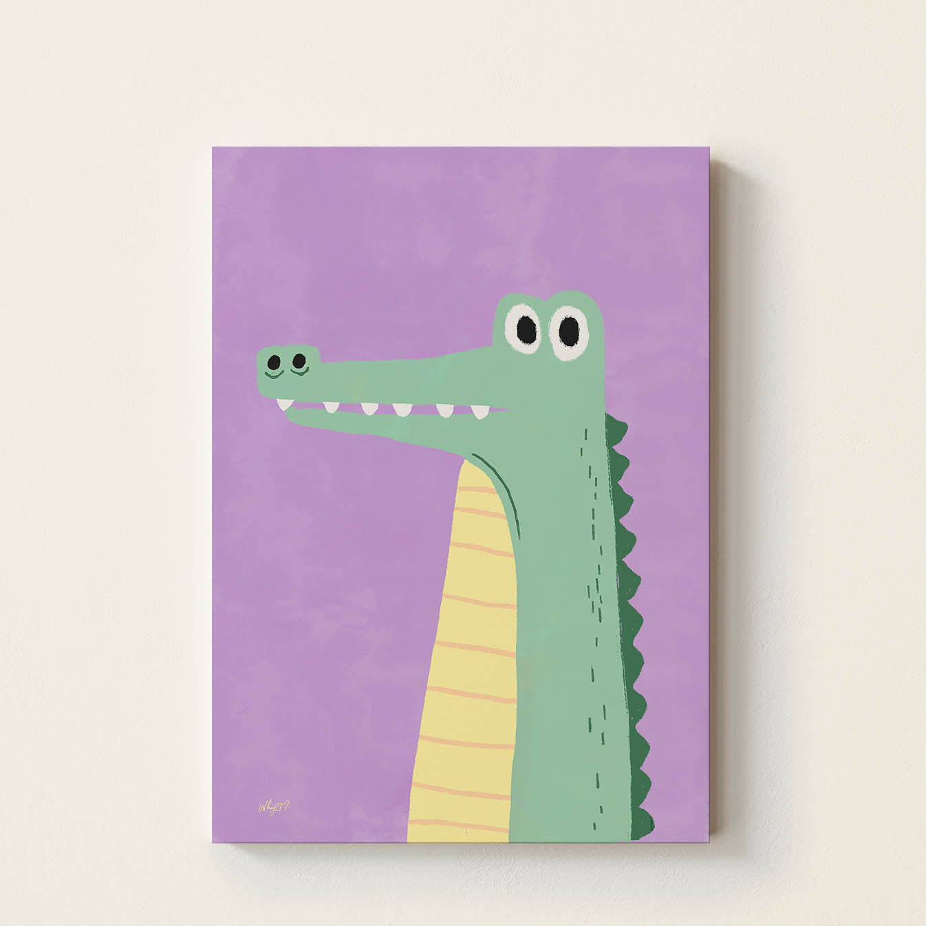 Hand-drawn friendly crocodile with big eyes on a lavender background, minimalist retro-inspired kids wall art for nurseries, bedrooms, playrooms, and reading corners.