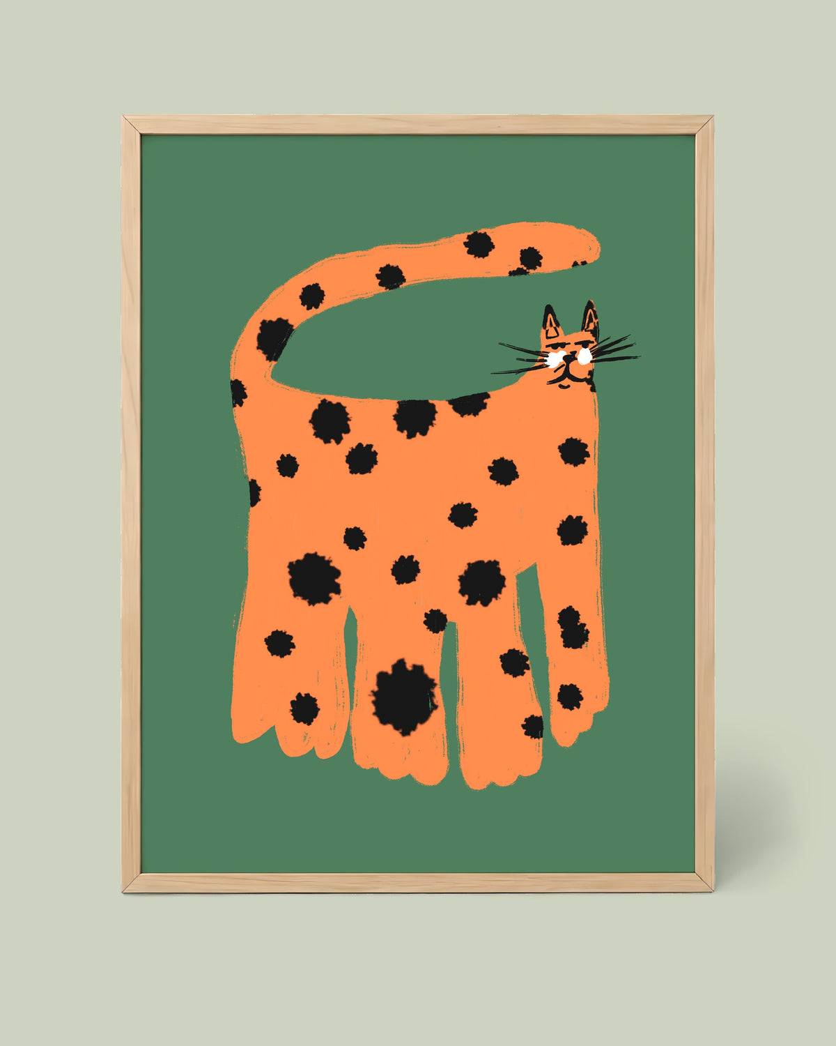 Big Spotted Cat Poster framed in a natural wood frame
