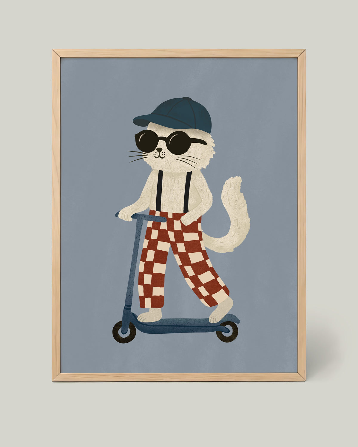 Scooter Cat Poster framed in a natural wood frame