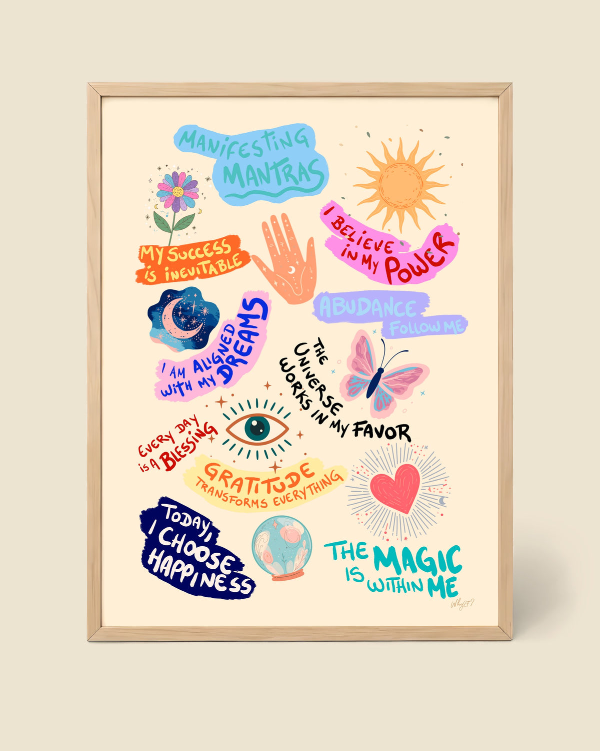 Manifesting Mantras Poster framed in a natural wood frame