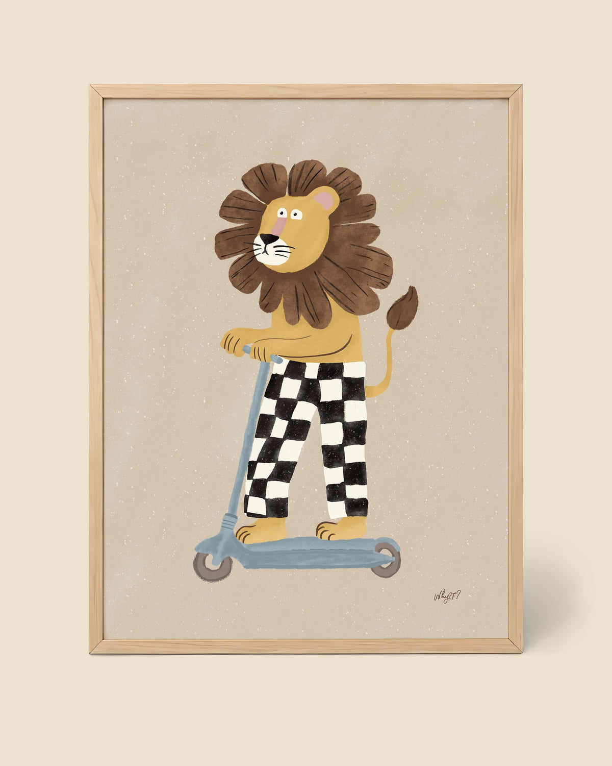 Scooter Lion Poster framed in a natural wood frame