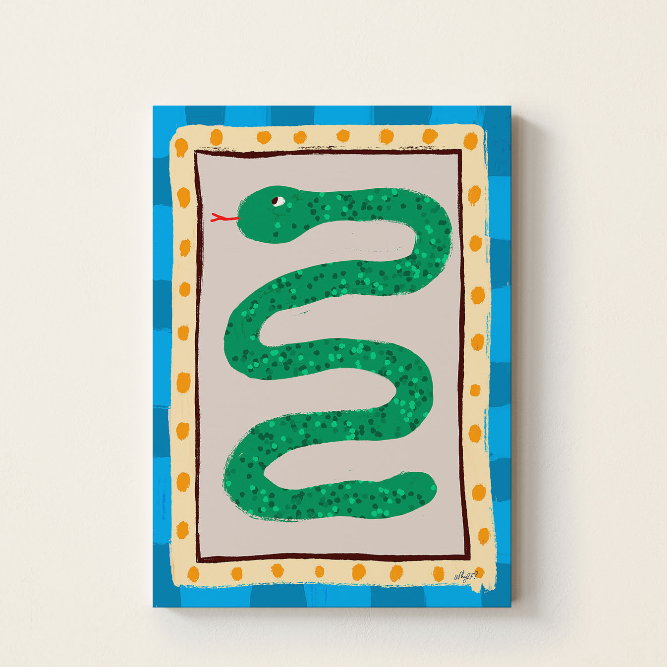 Snake poster featuring a playful green snake illustration on a decorative blue and cream patterned background.