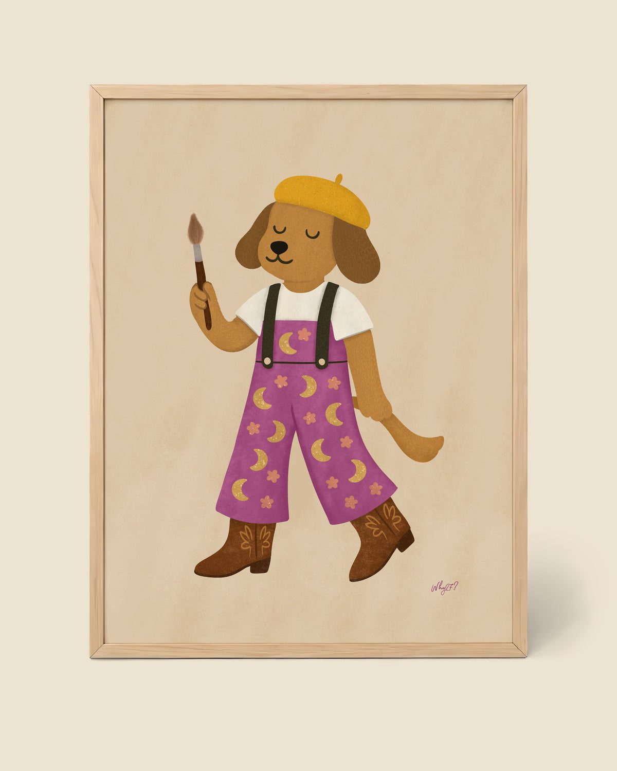 Painter Dog Poster framed in a natural wood frame