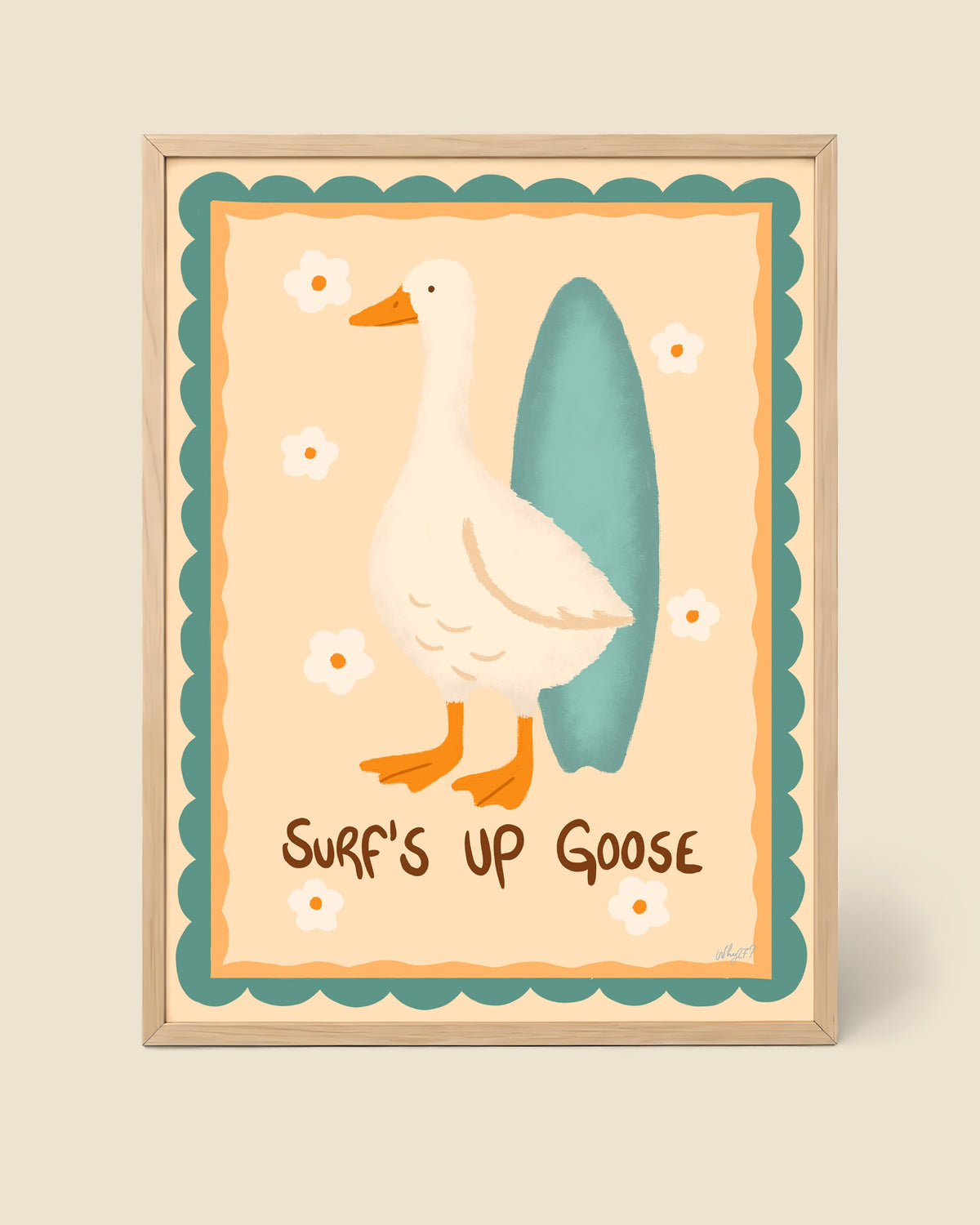 Surf's Up Goose Poster framed in a natural wood frame