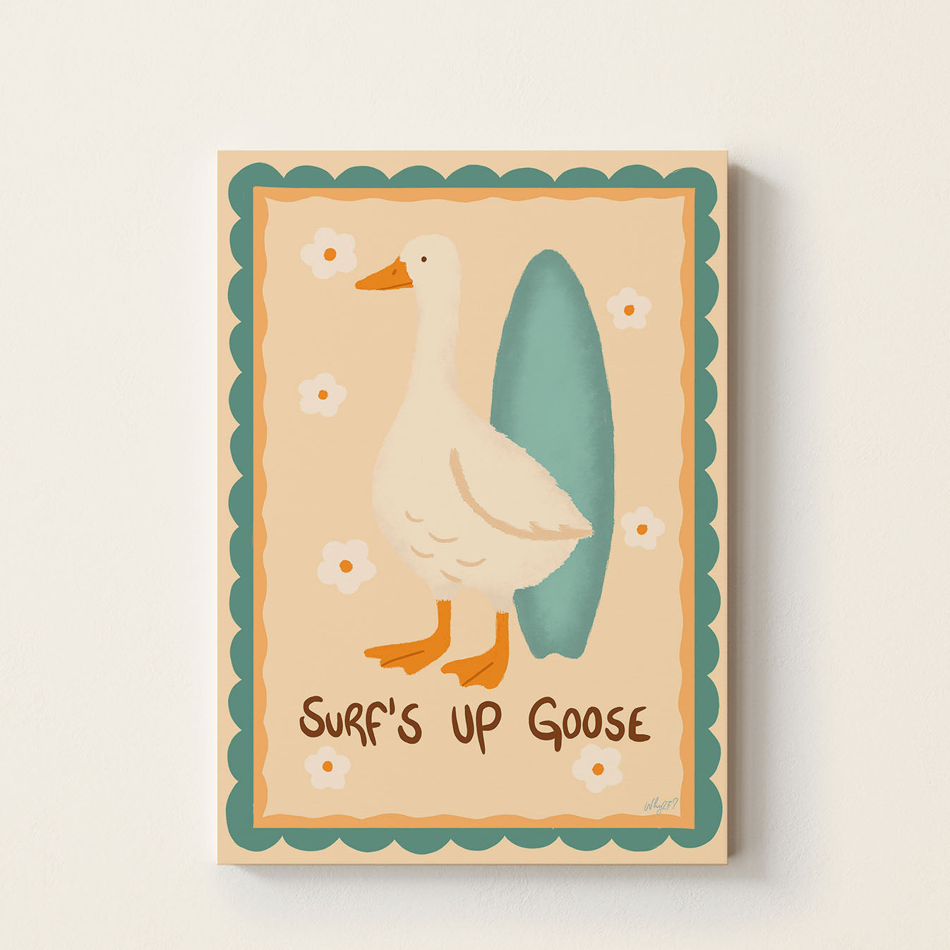 Surf's Up Goose poster featuring a playful goose standing beside a surfboard with floral details on a warm beach-inspired background.