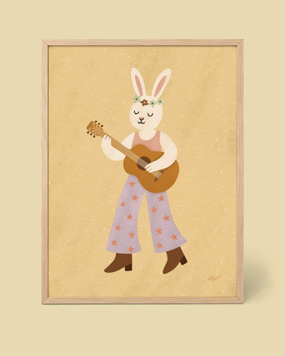 Guitar Rabbit Poster framed in a natural wood frame