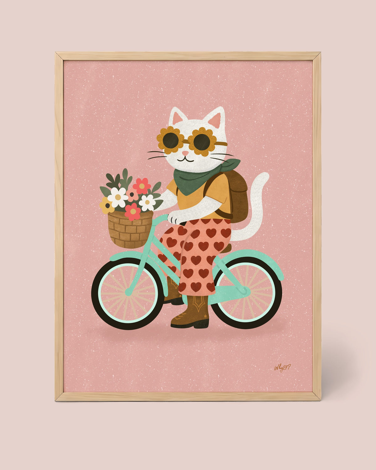Flower Cat Bicycle Poster framed in a natural wood frame