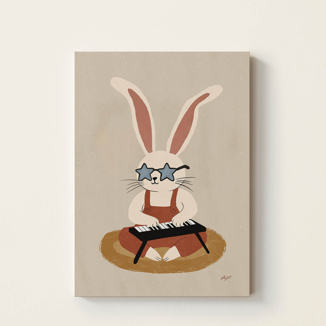 Hand-drawn bunny wearing star-shaped sunglasses while playing a small keyboard, whimsical retro-inspired music wall art for nurseries, bedrooms, playrooms, and music rooms.