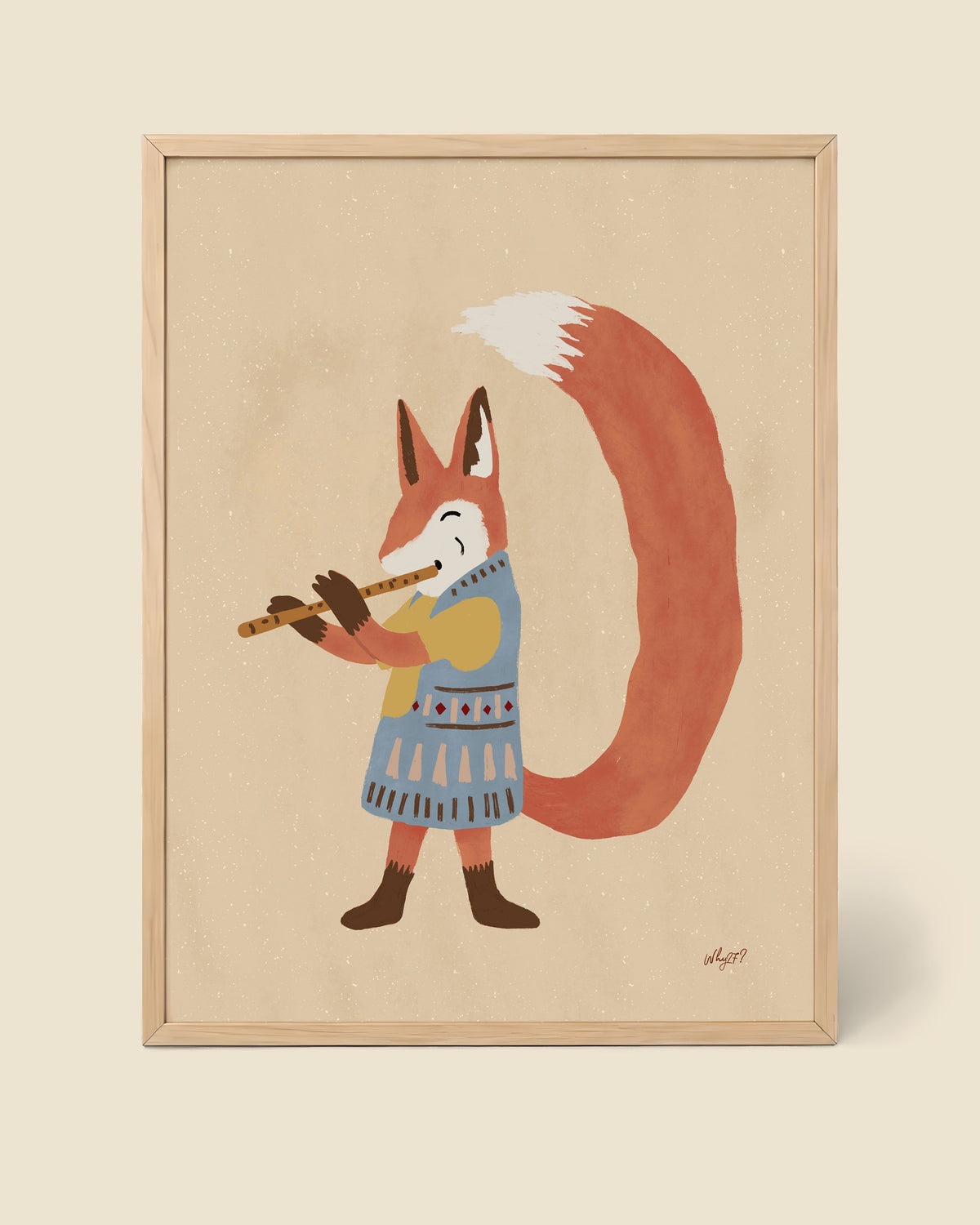Little Fox Flute Poster framed in a natural wood frame