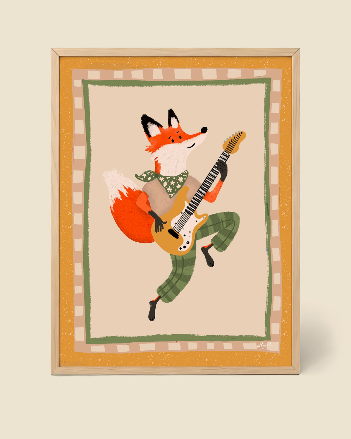 Guitar Fox Poster framed in a natural wood frame