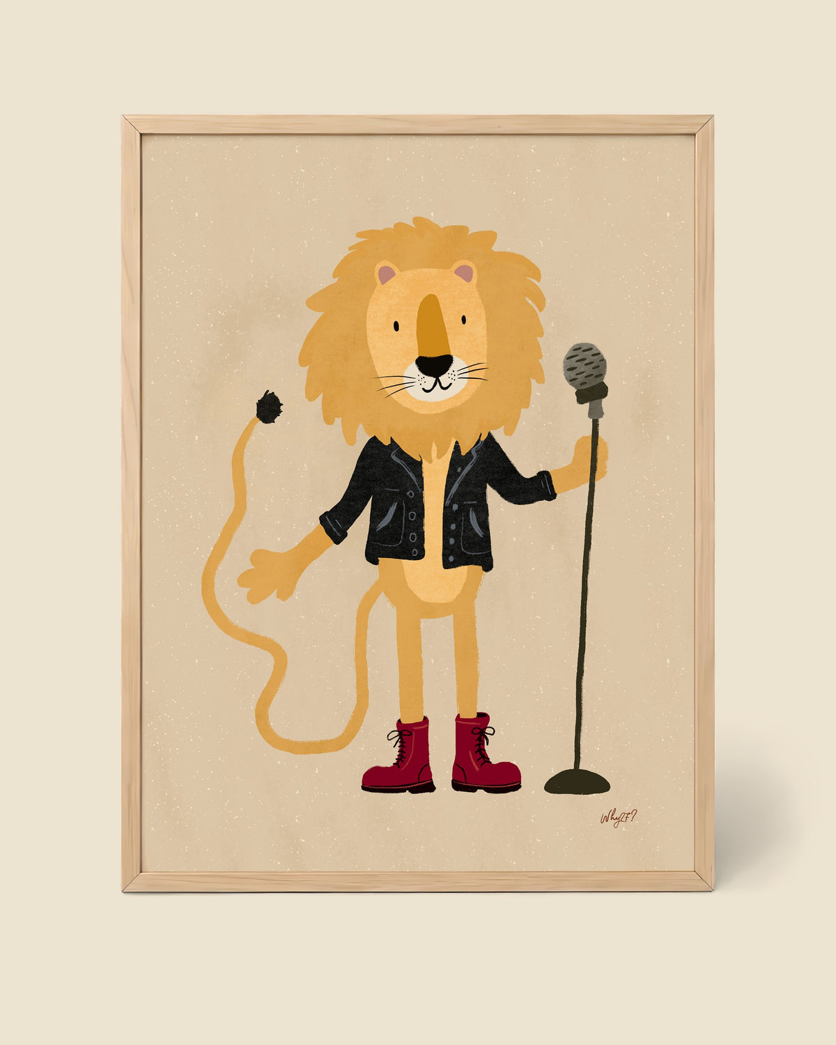 Rock Singer Lion Poster framed in a natural wood frame
