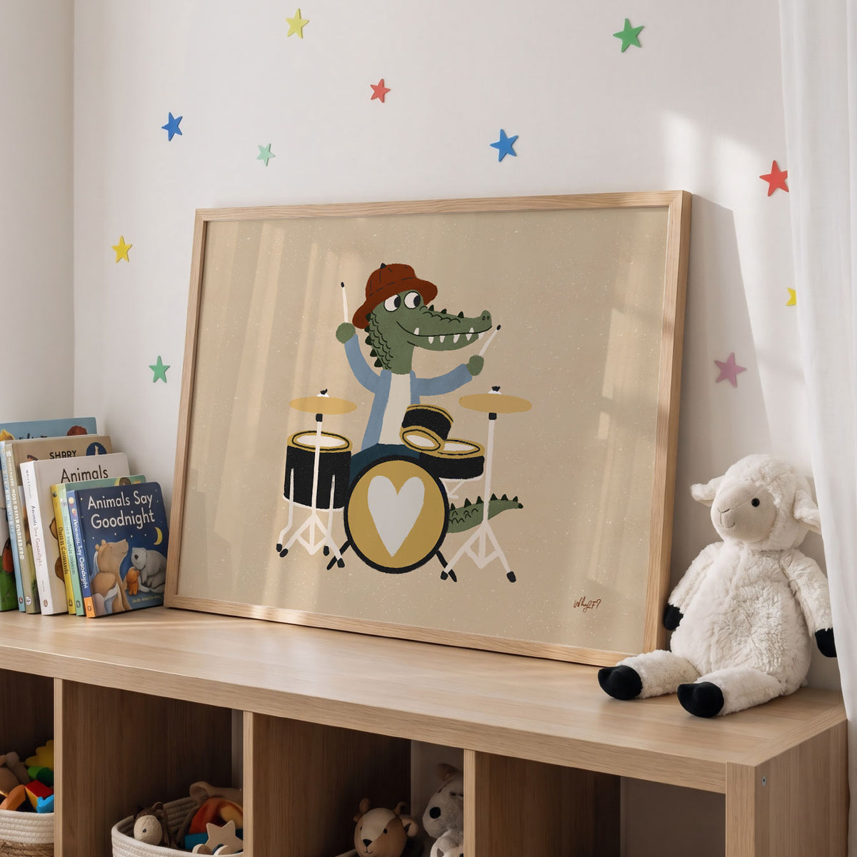 Landscape poster of a crocodile in a beret playing a drum kit with a heart on the bass drum