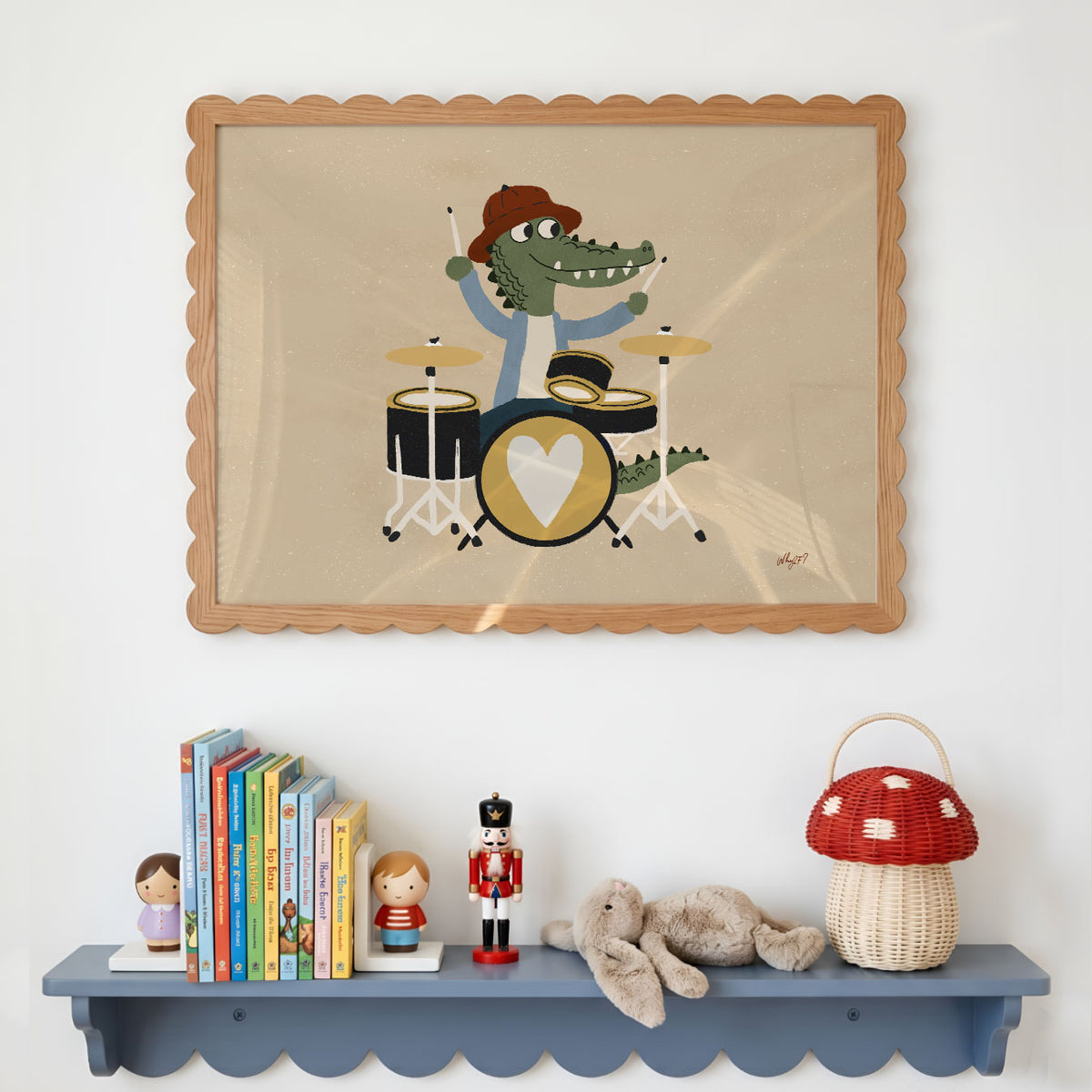 Landscape poster of a crocodile in a beret playing a drum kit with a heart on the bass drum
